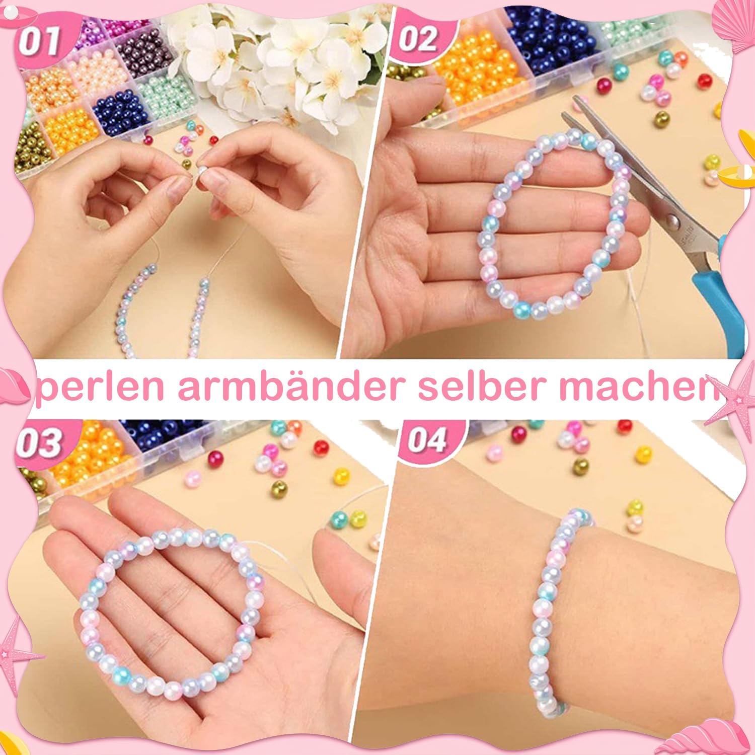 YJWZ 1115pcs Stück Perlenset für Armbänder - 48 Farben Meeresthema Bastelset, Perlenset Kinder ab 4 Jahre & Erwachsene inkl Schmuckzubehör zum Auffädeln | DIY Armband Selber Machen Kit