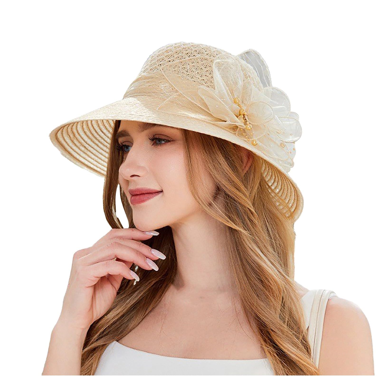Straw Fedora Sun Hat Short Brim Beach Hat Adjustable Hats for Men Women Bowler Hat Netting Tulle (B1-Beige, One Size)