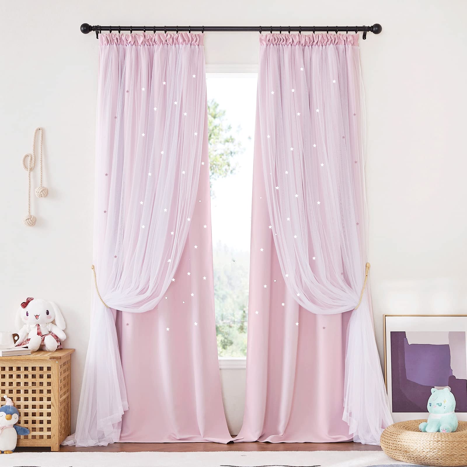 NICETOWN Cortinas Infantiles Cortinas Dobles con Estrellas Huecas Malla para Habitacion Cortinas Opacas Dormitorio Juvenil con Fruncidas, 2 Piezas, 132x240 cm, Rosa Claro