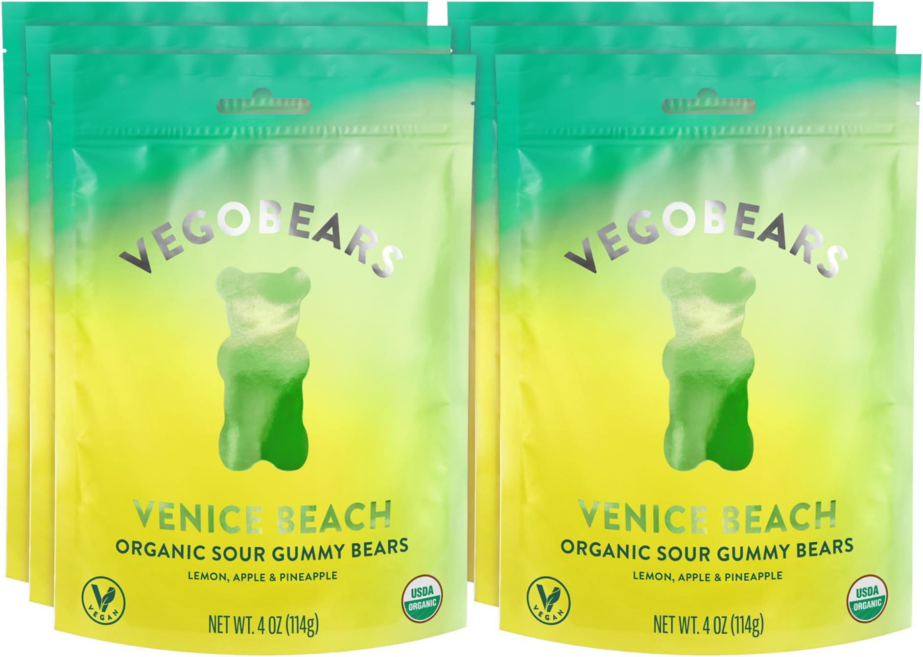 Candy People VegoBears Venice Beach Vegan Gummy Bears Organic Gummy Bears, Non-GMO, Lemon, Apple, & Pineapple Gummies 4 Ounce (6 Pack)