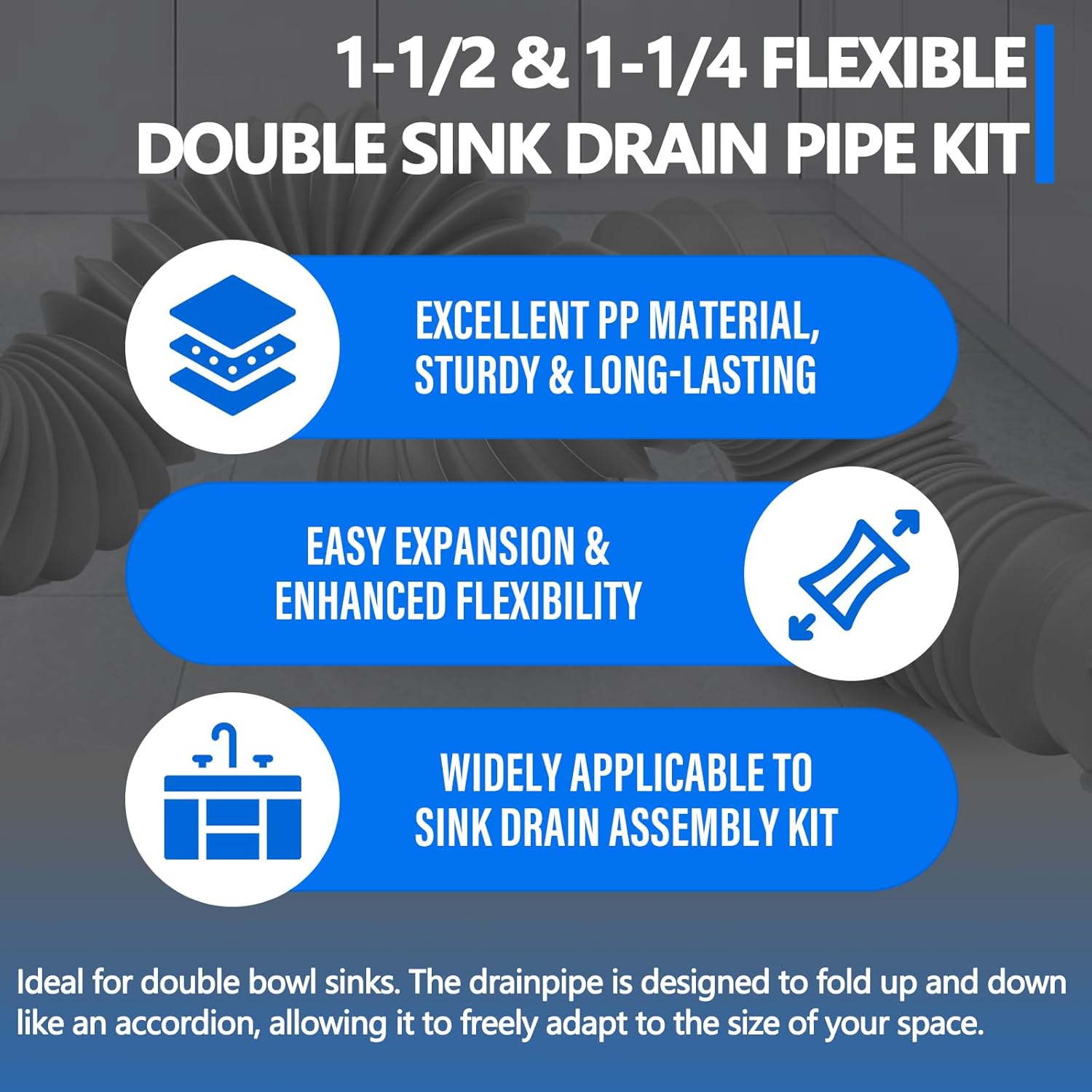 Cinsda Double Sink Drain Kit, Flexible Sink Drain Pipe 1-1/2 & 1-1/4 P Trap Fits Sink Bowl Drain, Expandable Plumbing Kit for Kitchen, Bathroom, Gray