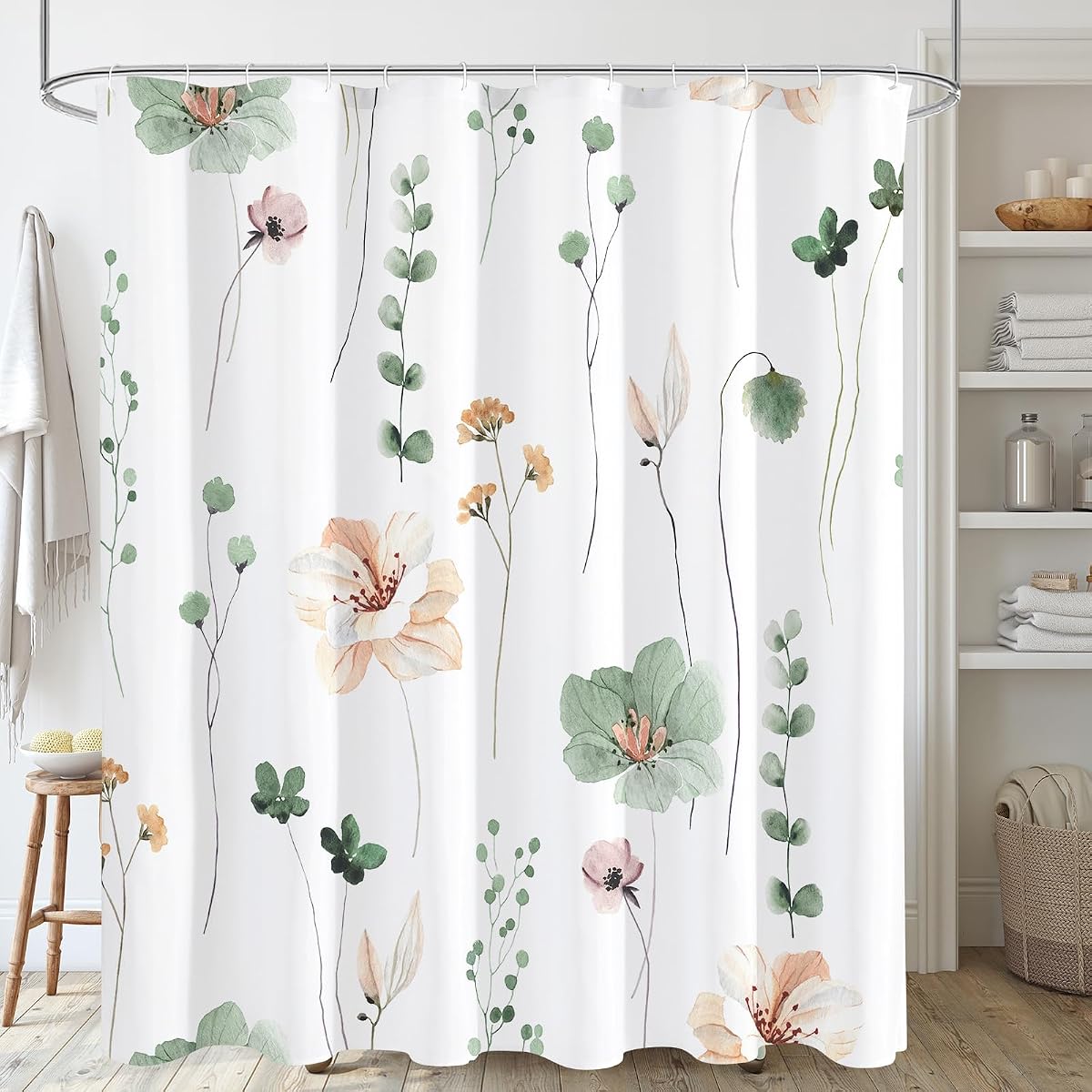 Sage Green Beige Watercolor Floral Fabric Shower Curtain 72x72 | Waterproof Fabric, Modern Minimalist Floral Print, Machine Washable, Rustproof Grommets, for Bathroom Home