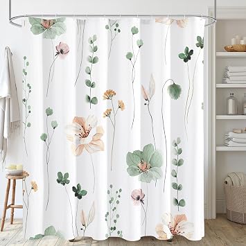 Gibelle Watercolor Floral Shower Curtain, Sage Green Beige Flower Shower Curtain for Bathroom, Modern Minimalist White Waterproof Fabric Shower Curtain Set 72x72 Inch
