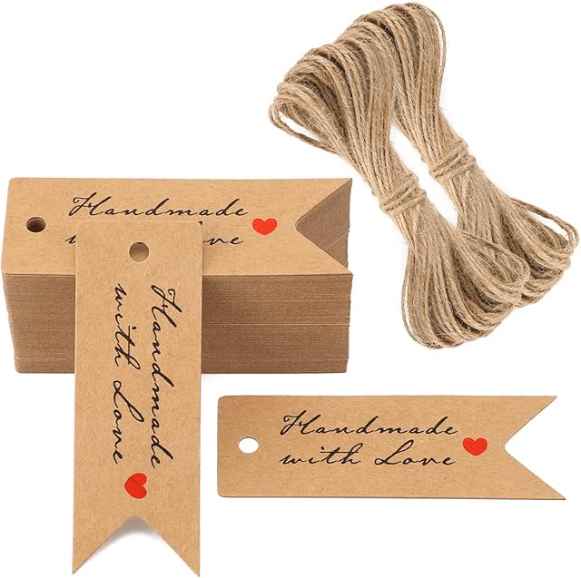 G2PLUS Gift Tags 100PCS Kraft/Paper Tag 7 x 2 cm Wedding Labels Birthday Luggage Tags Brown Hang Tag with Jute Twine