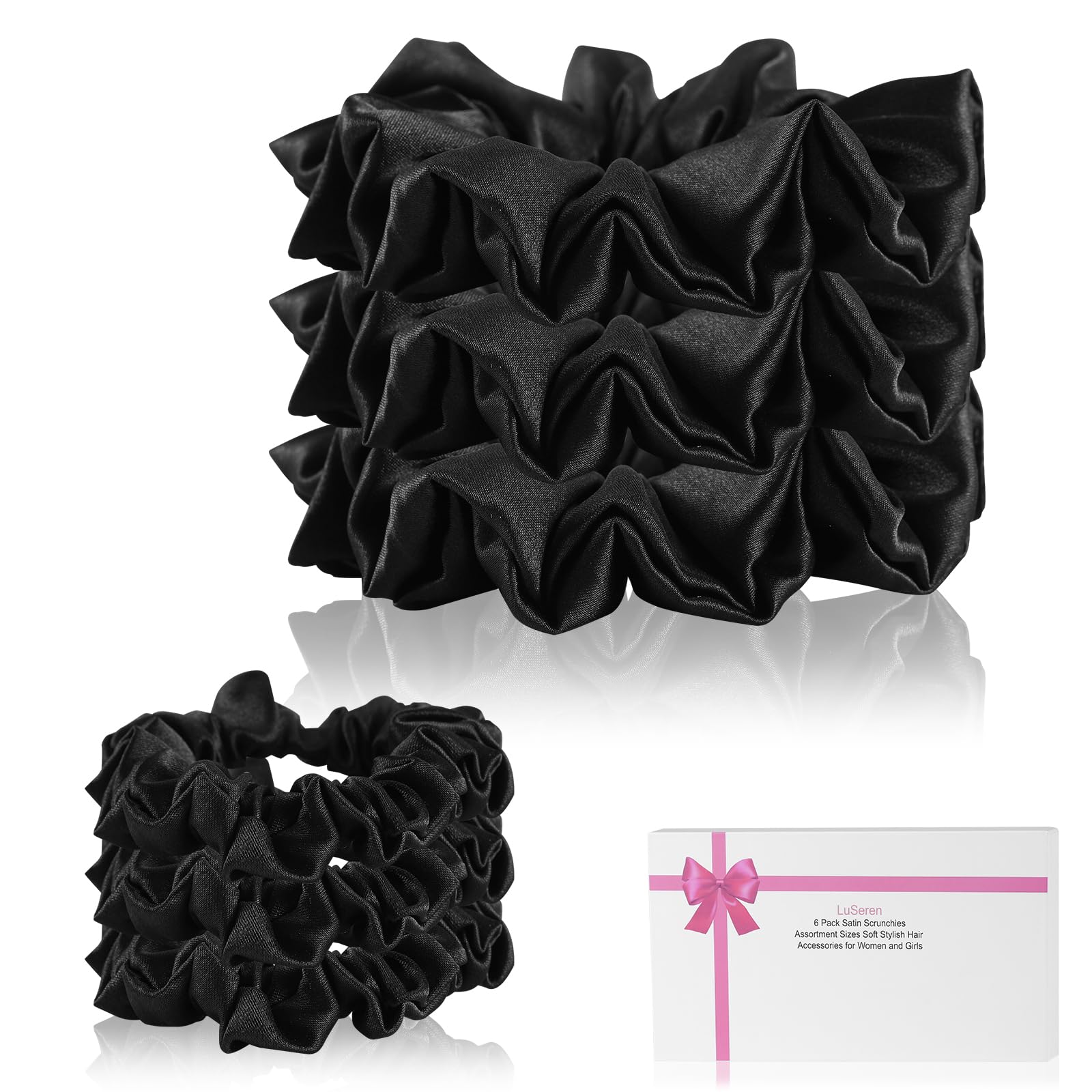 LuSeren6 Pack Silk Satin Scrunchies for Women -Assortment Sizes Soft Stylish Silk Hair Scrunchies Hair Bands Hair Ties Ropes for Women and Girls Hair Accessories,Black