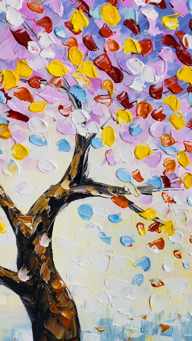 Amazon.com: Hand-Painted Colorful Tree and Flowers Oil Painting