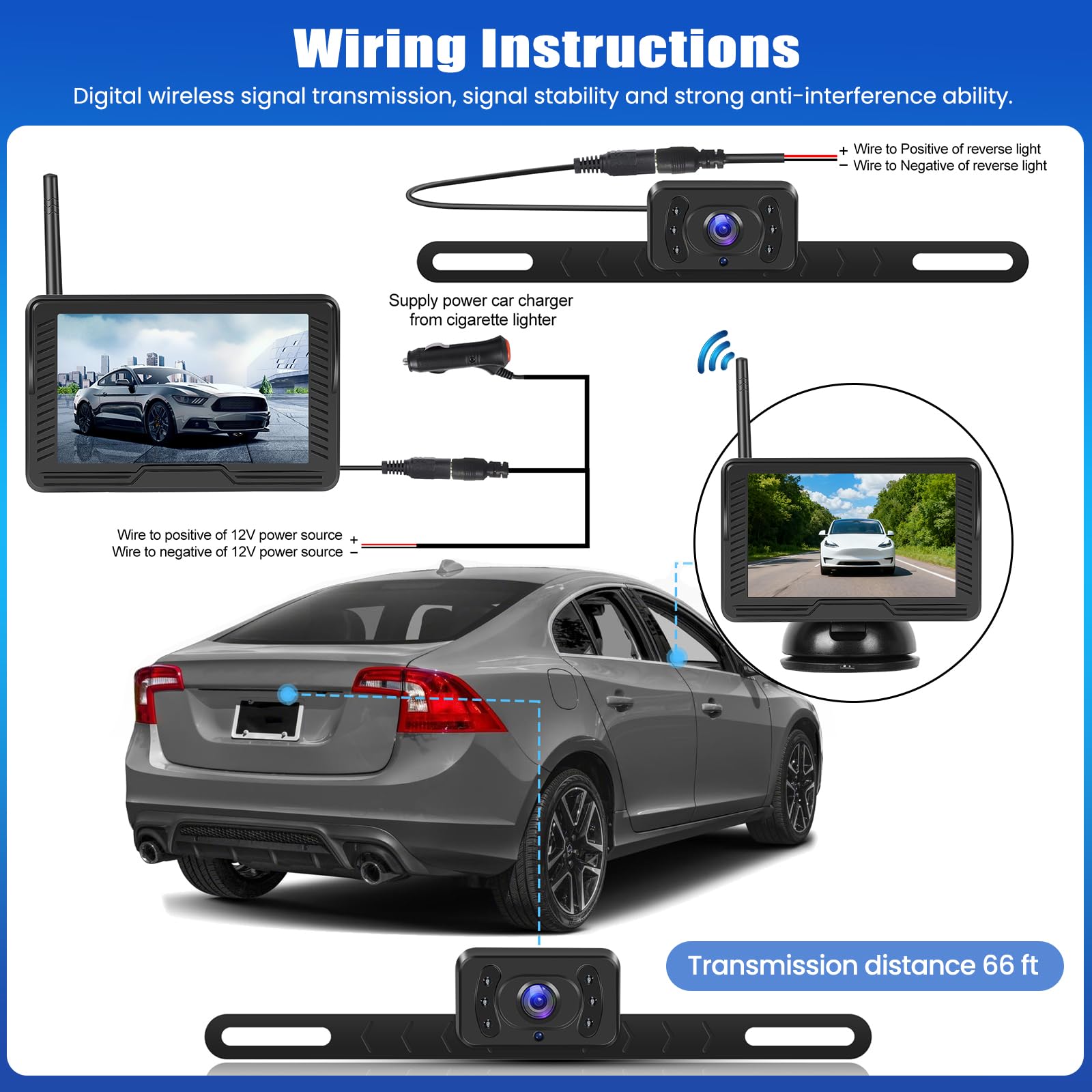 OiLiehu Kabellose AHD Rückfahrkamera Set 1080P Funk-Rückfahrkamera mit 4,3" Monitor IP68 Wasserdicht Infrarot-Nachtsicht Digitales Signal-Backup-System DC 12V