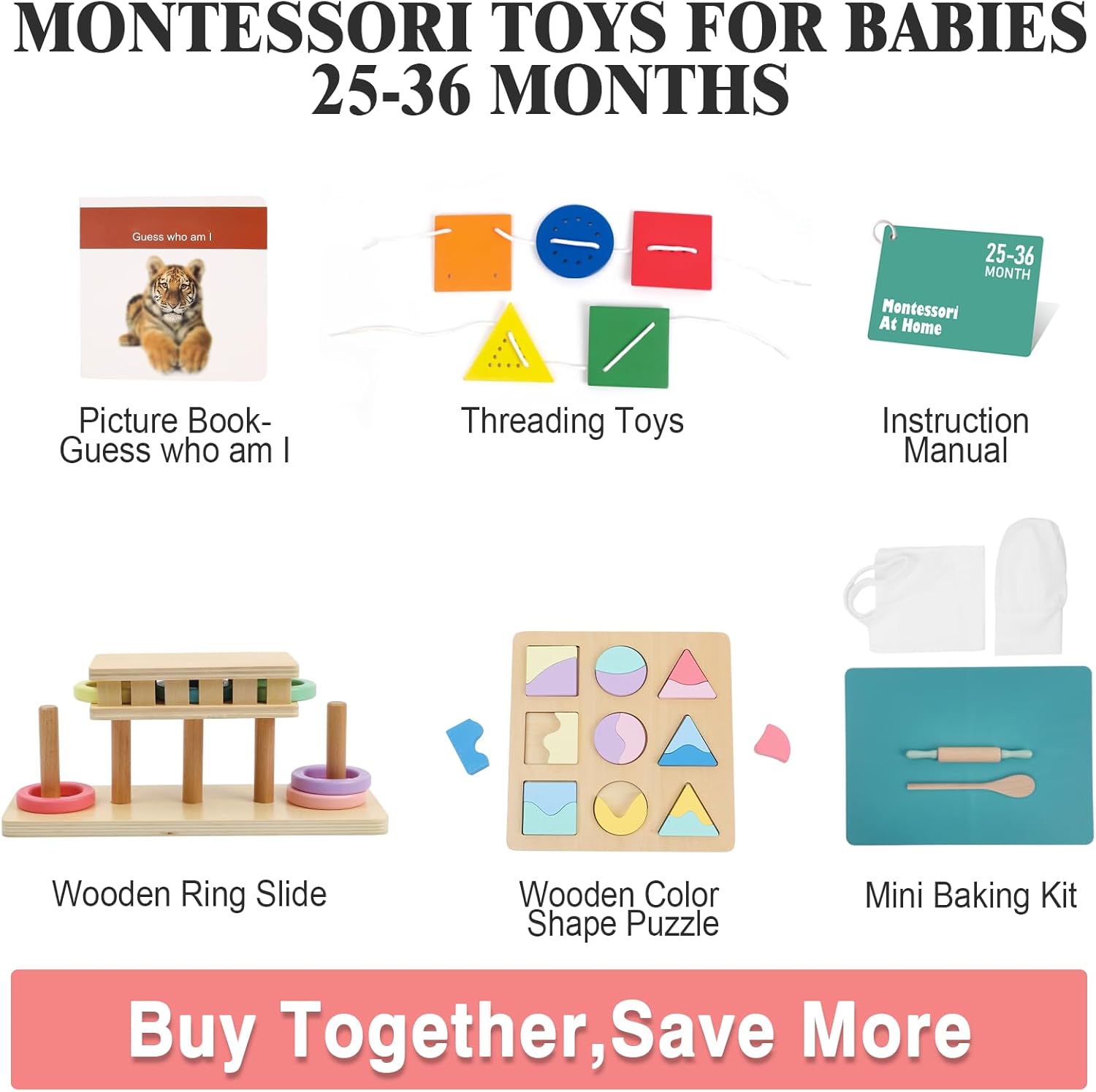 Hidoggy Montessori Toys for 1+ Year Old,5 in 1 Wooden Learning Toys for Toddler,Includes Wooden Shape Puzzles,Threading Toys,Mini Baking Kit and More, Stimulate Early Learning and Creativity