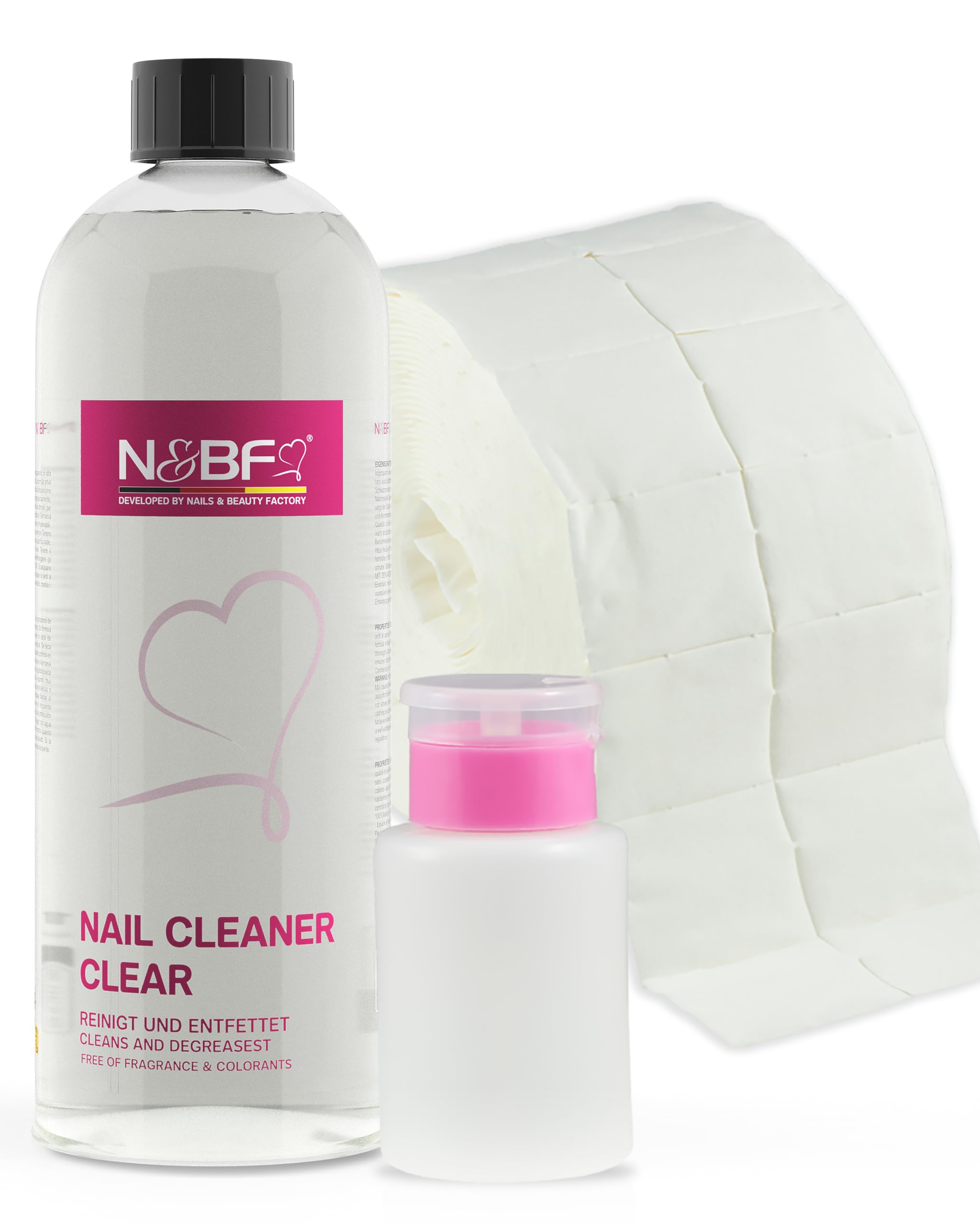N&BF Nagel Cleaner Set 1000ml 70% Isopropanol + 1000 fusselfreie Zelletten + 150ml Dispenser | Gel Cleaner für Gelnägel