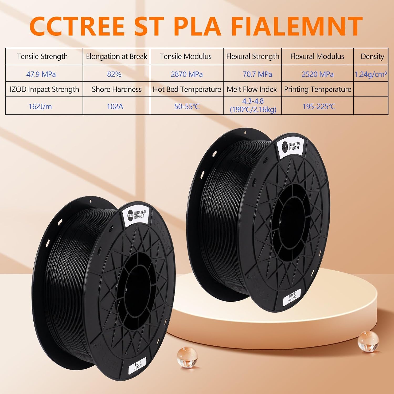 CCTREE ST-PLA(PLA+) Filament 1.75mm Black 2KG Bundle,Tough & High Rigidity with Gloss,3D Printer 2 Pack 1kg PLA Plus Filament ± 0.03mm, PLA PRO Professional Filament Fits Most FDM 3D Printers