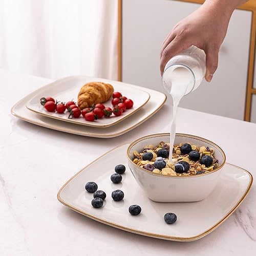 Miniatura 5 de AmorArc Juego de vajilla de cerámica para 4, 12 piezas cuadradas pintadas a mano, juego de platos y cuencos de cerámica resistentes a las astillas y