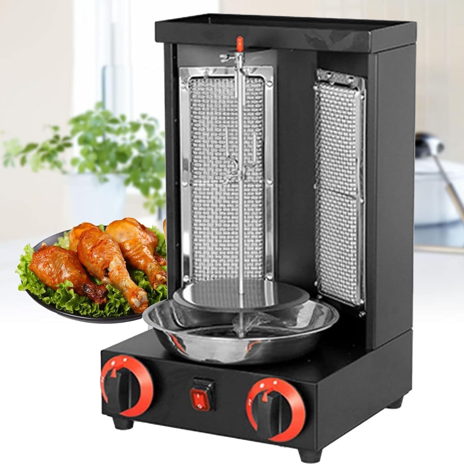 Maszyna do kebaba 3000 W, 2 palniki, grill do kebaba, pionowy grill obrotowy, rożen do domu, dystrybucja ciepła 360°, nadaje się do domu, grill rożen (czarny)