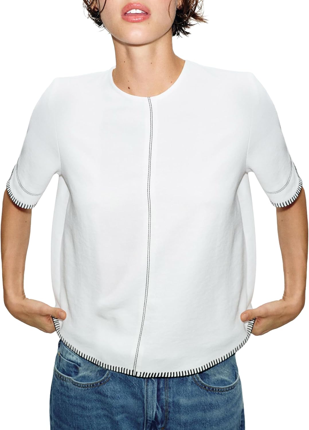 Women's Contrast Trim Top Loose Fit Crew Neck T-Shirt Casual Pullover Blouse for Summer Daily Office Wear