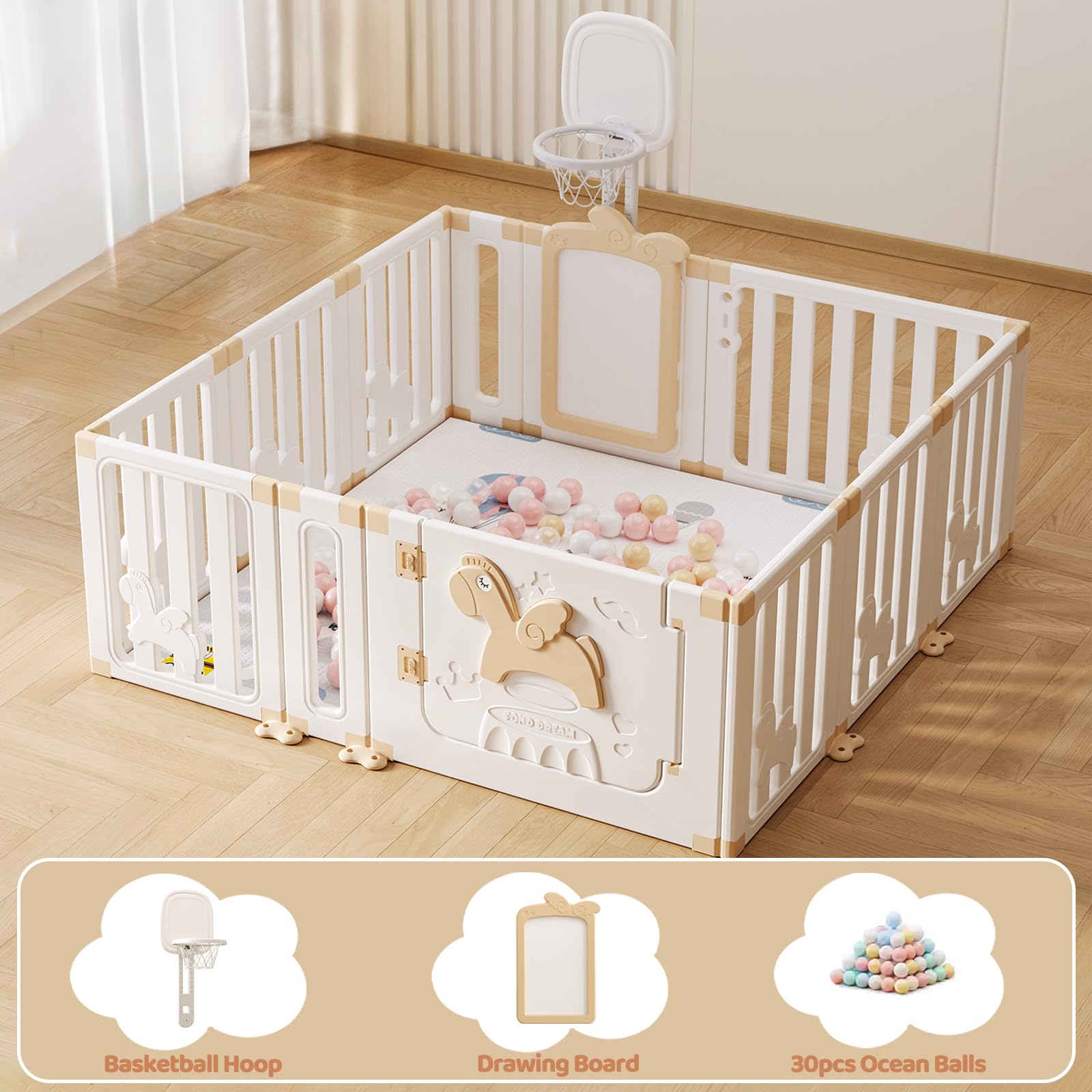 UBRAVOO Parc bébé avec panier de basket, parc de jeu sécurisé Angel Horse avec tableau blanc et 30 balles de piscine colorées, intérieur ou extérieur (kaki, 12 panneaux)