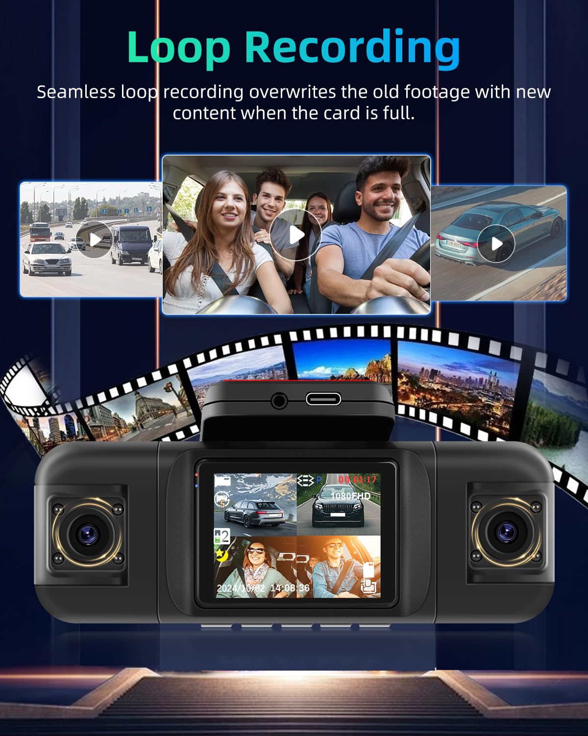 NHOPEEW Cámara para salpicadero de 4 Canales para Coches: cámara para salpicadero Delantera y Trasera de 1080p con visión Nocturna IR, grabación en Bucle, Sensor G + Tarjeta TF de 64 GB
