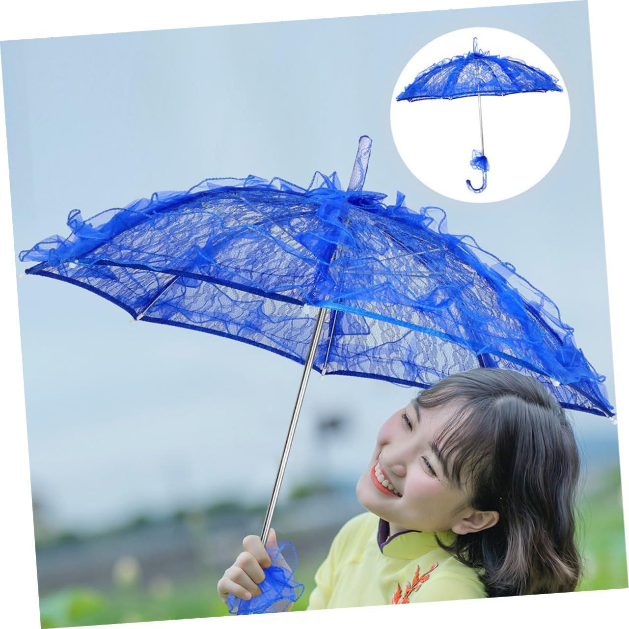 Parapluie en Dentelle Bleu pour Garçon et Filles, Lot de 2 | Design Dentelle Élégant, Tissu, Plastique et Métal, Adapté aux Événements et Tea Parties