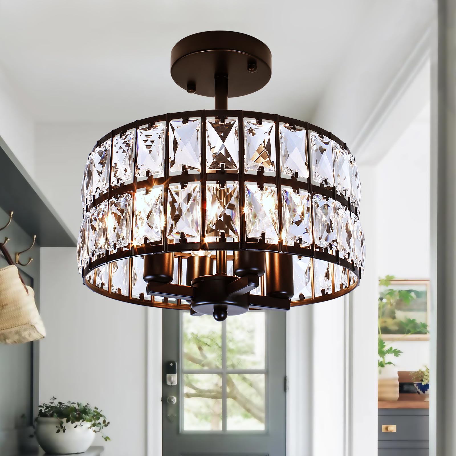 JHLBYL 4-Light Crystal Chandeliers Ceiling Lights Living Room Industrial Black Chandeliers with E14 Base Round Shades Ceiling Light Fitting for Bedroom Bathroom Hallway Dining Room โ image 1