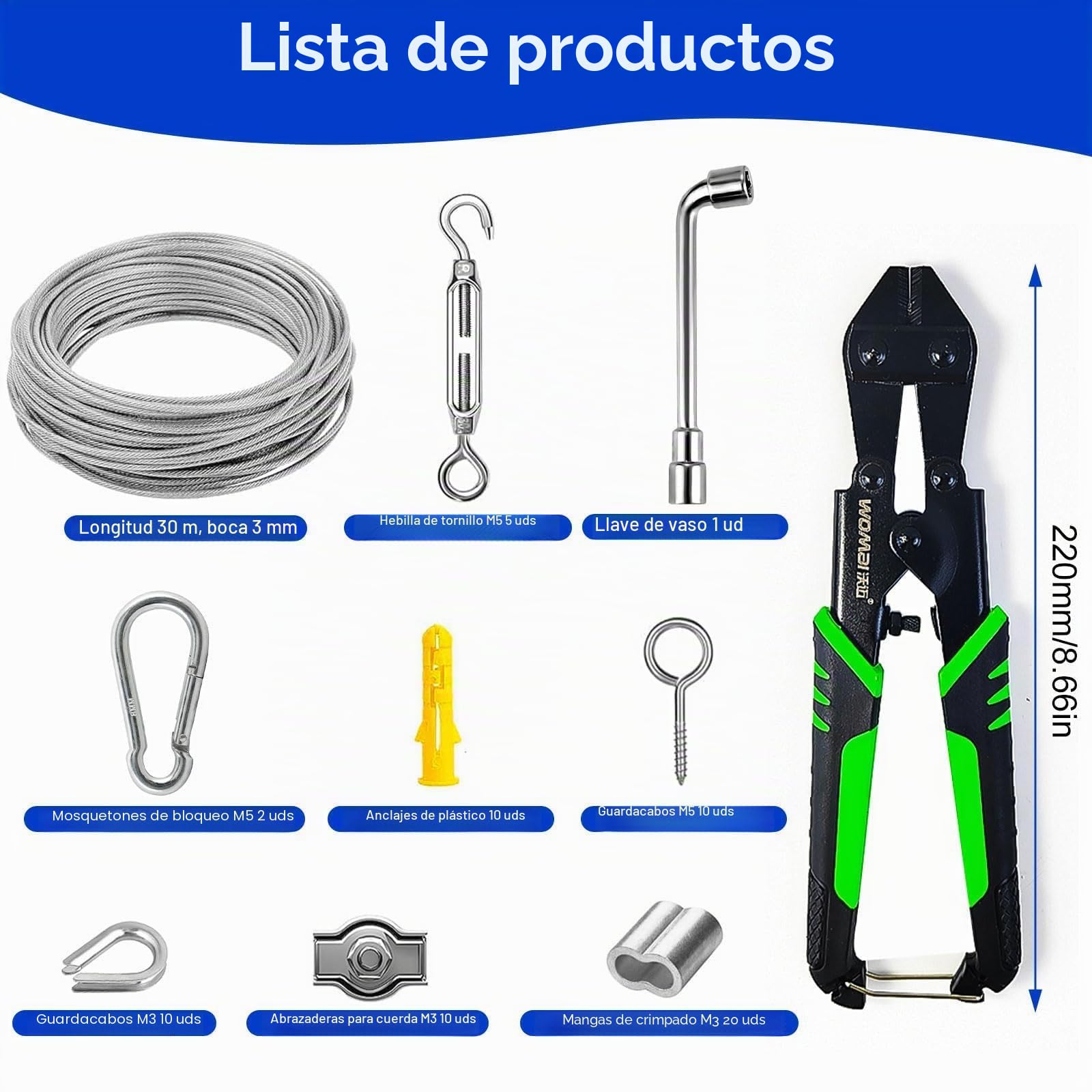 Cable de Acero Plastificado 3 mm, Fabricado en Acero Inoxidable, con 30 Metros de Longitud, Incluye Tensores de Cable de Acero, para Luces de Cadena, Tendederos y Cuerdas para Colgar Cortinas