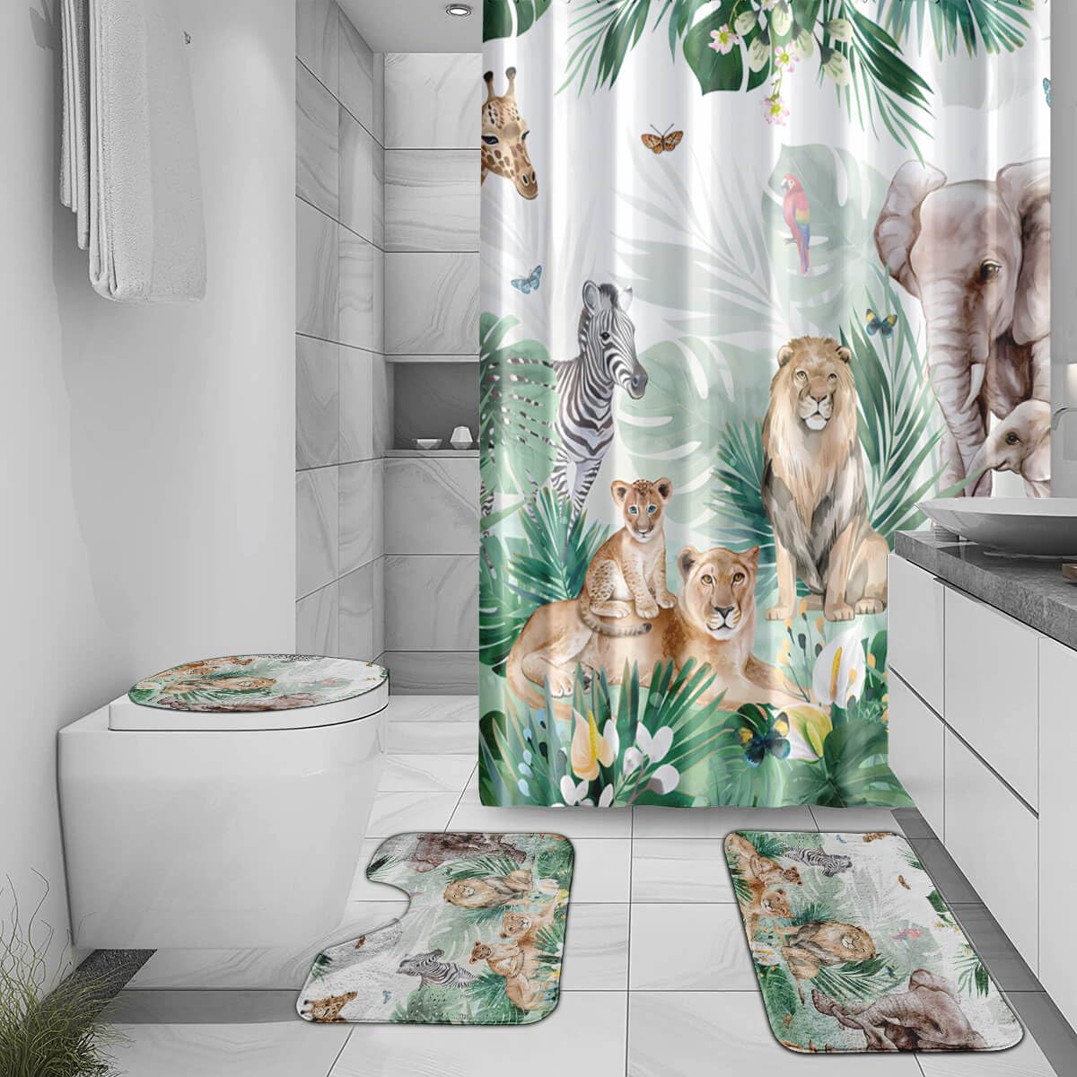 Duschvorhang-Set mit Dschungeltieren, mit Teppichen, Palmen, Afican, Safari-Thema, Badezimmer-Set, Kinderzimmer, Zuhause, Badewanne, Dekoration, langlebige Vorhänge, Matten,