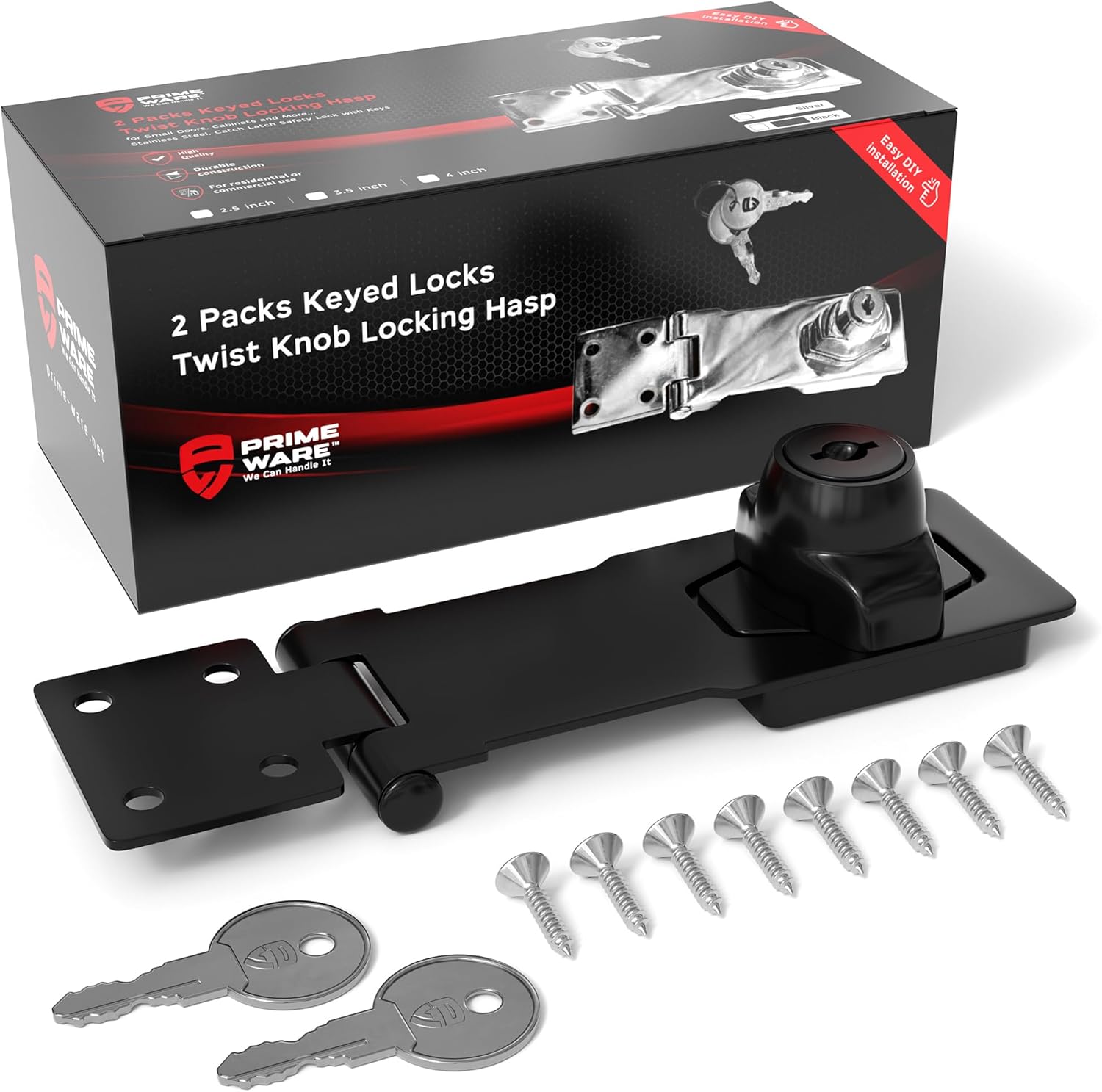 Primeware Keyed Twist-Knob Hasp Latch, Complete Kit with Keys & Hardware, Durable Locking Latch for Cabinets, Drawers, Small Doors, Heavy Duty Hinge Lock Hasps, 2-Pack, Black, 4 Inches