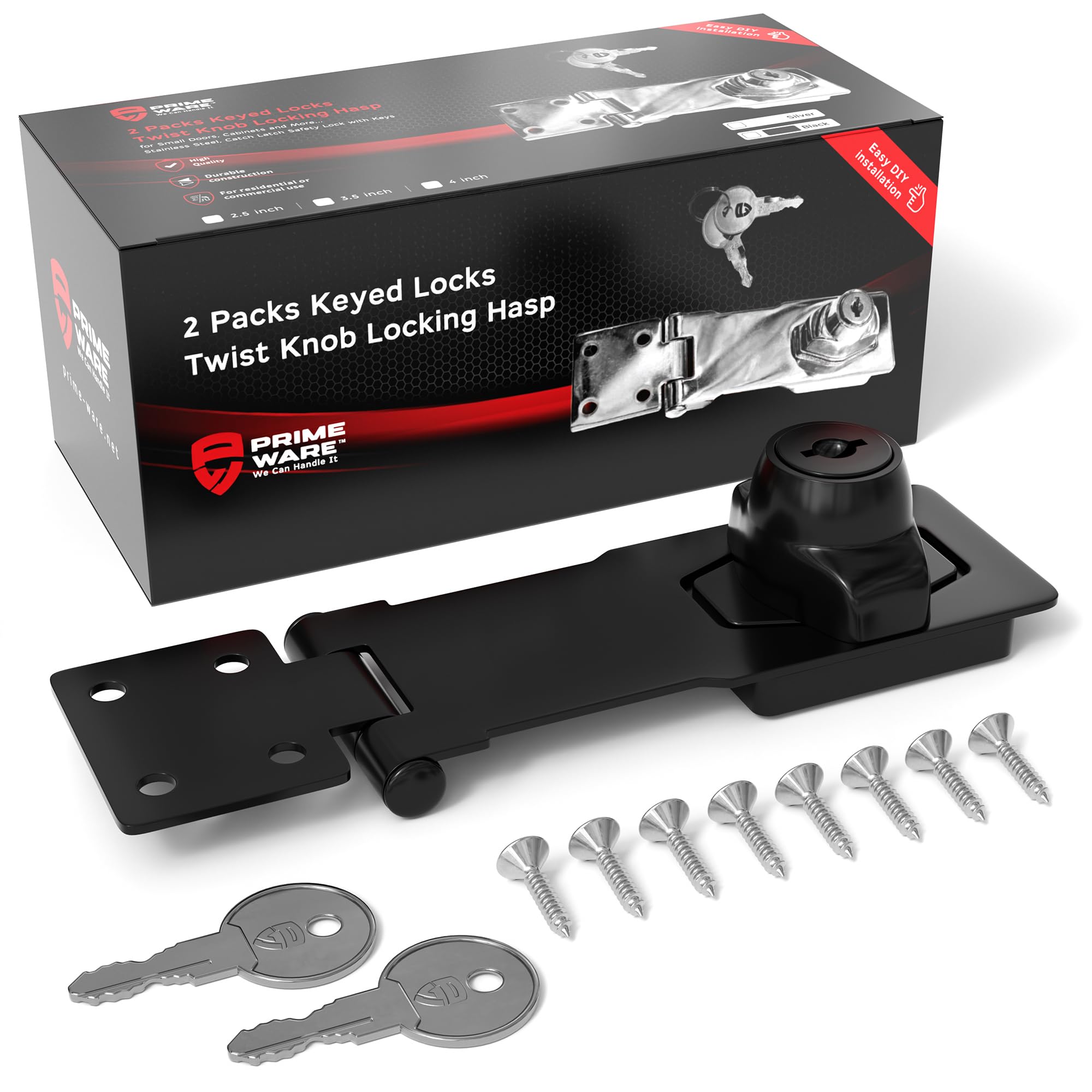 Primeware Pestillo giratorio con llave, kit completo con llaves y hardware, pestillo de bloqueo duradero para armarios, cajones, puertas pequeñas, bisagras de bloqueo de bisagra resistentes, paquete