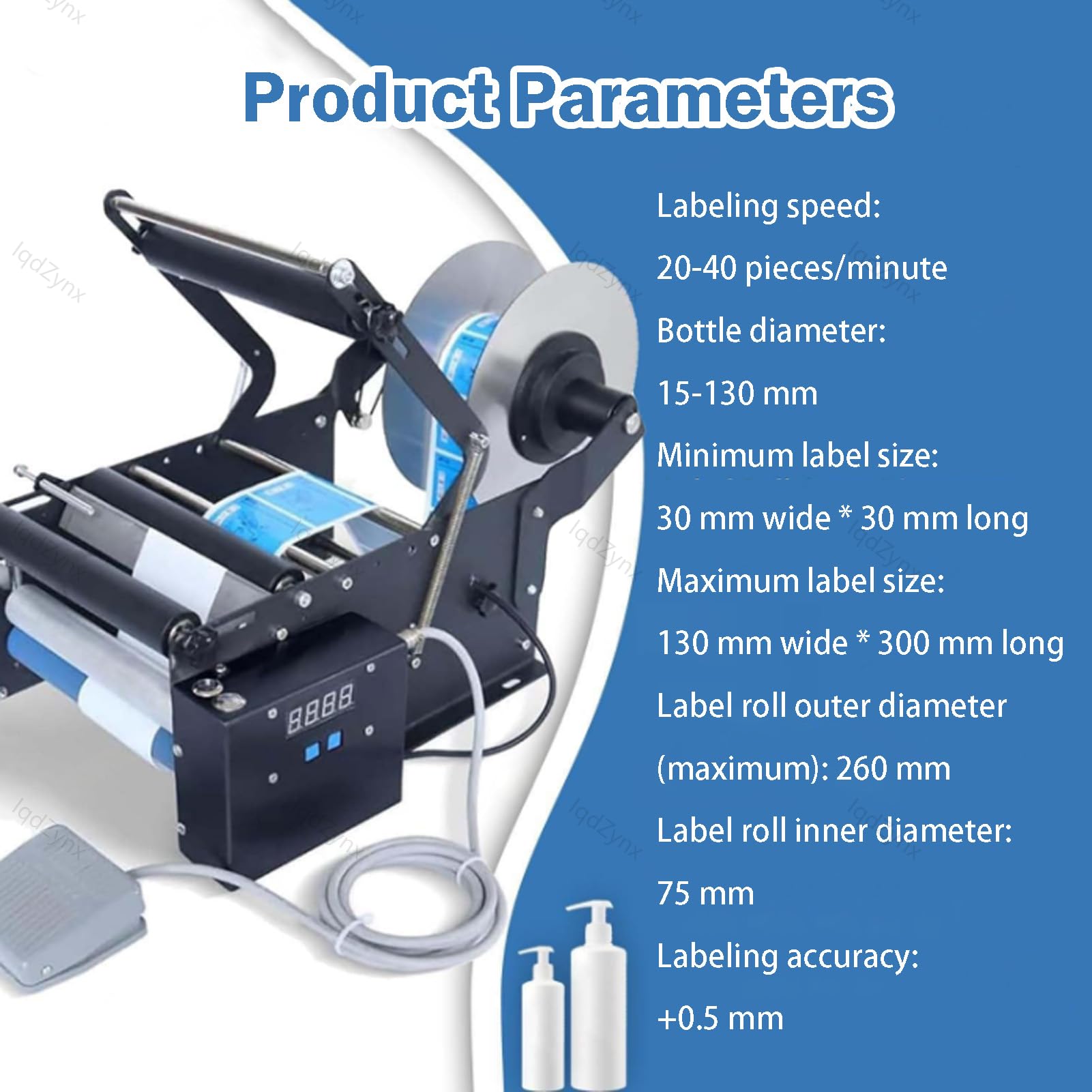 Maszyna do etykietowania butelek okrągłych, półautomatyczna stołowa do butelek cylindrycznych 20–100 mm, pedał w zestawie Standard