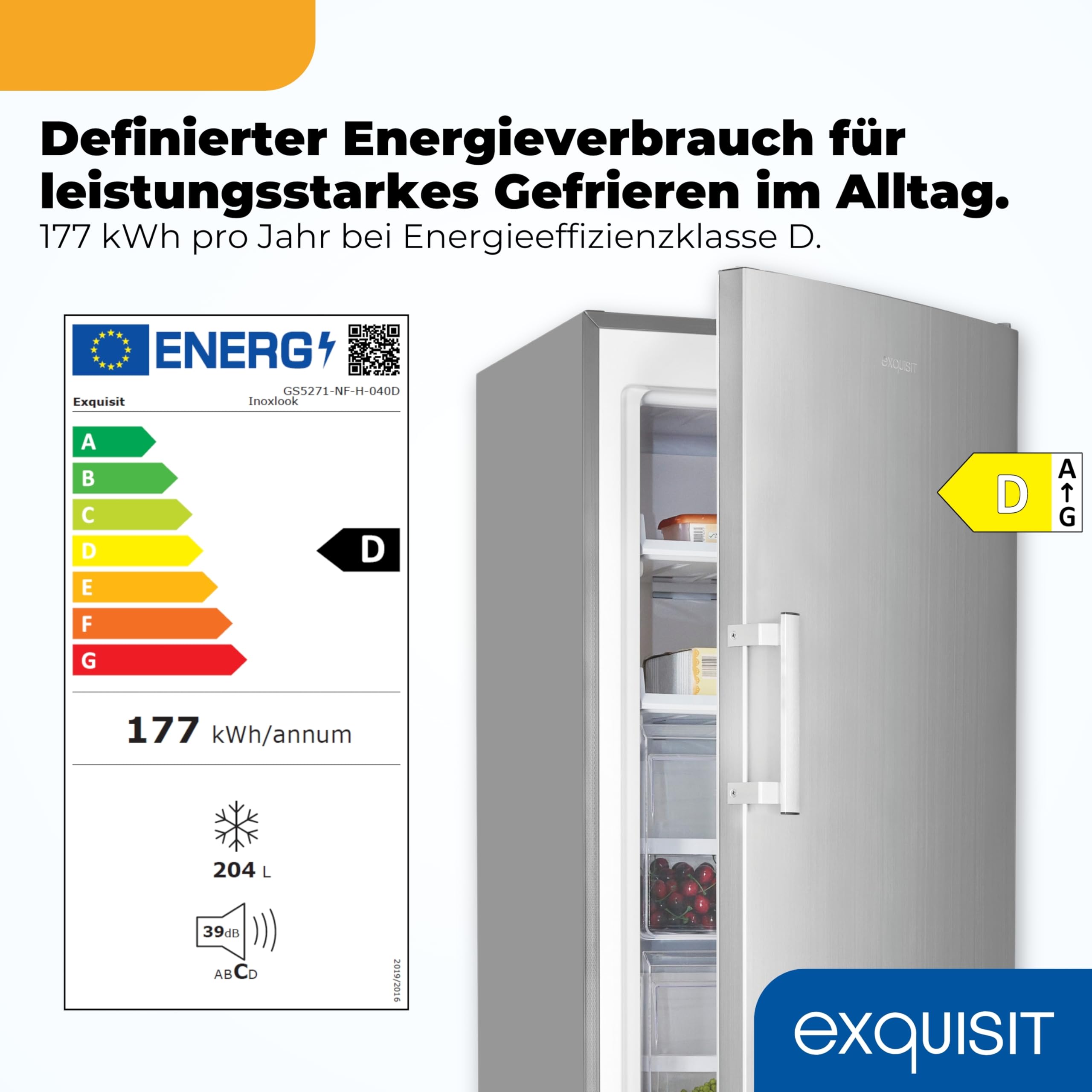 Exquisit GS5271-NF-H-040D Gefrierschrank - 204l NoFrost - Weiss | Standgefrierschrank mit 4 Schubladen, Schnellgefrierfunktion, 170 cm Höhe, Türalarm & Elektronik-Steuerung