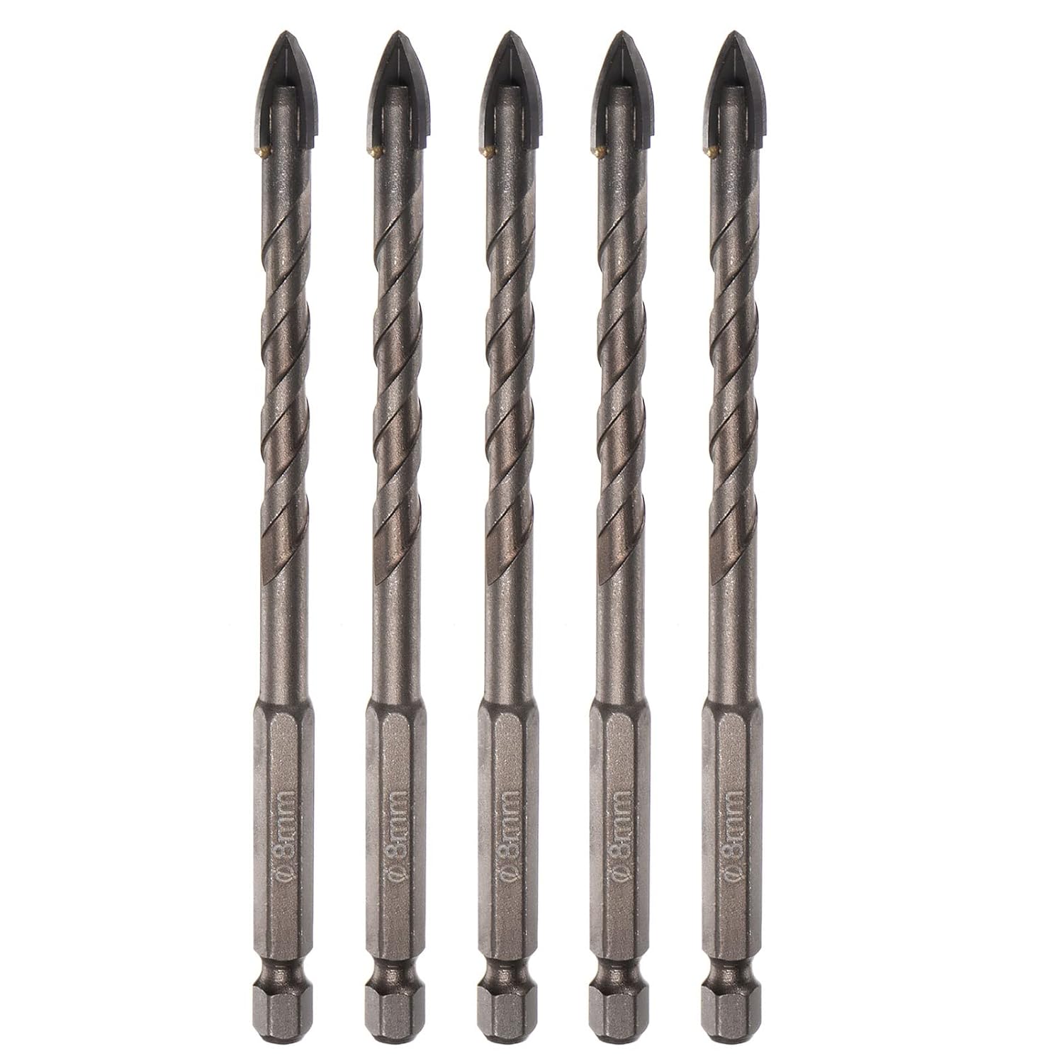 HARFINGTON 5pcs Titanium Coated Masonry Drill Bit, 8mm Concrete Drill Bits Ceramic Tile Drill Bit with 1/4" Hex Shank for Ceramic Tile Marble Mirror Glass Concrete Brick Plastic Wood