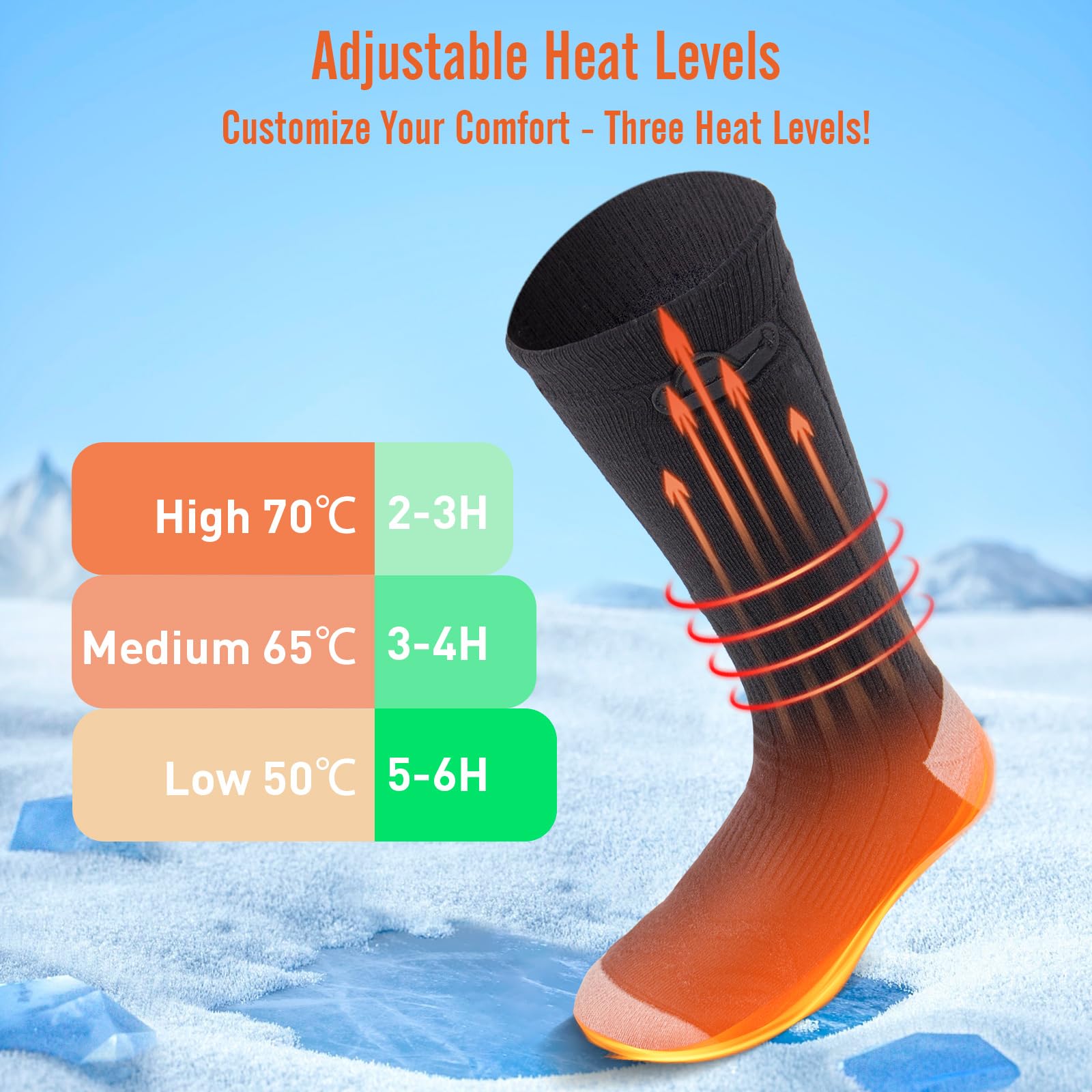 Todeco Chaussettes Chauffantes Homme Femme, 3 Niveaux de Température, Chauffe Pied Ski Chasse Randonnée