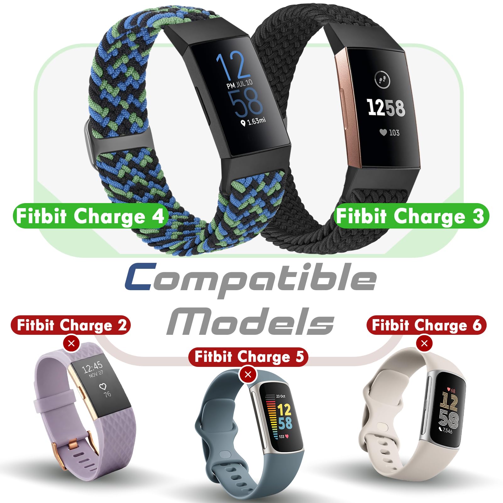 Bcuckood Braided Watch Straps Compatible with Fitbit Charge 4/Charge 3/Charge 3 SE for Women Men Adjustable Stretchy Nylon Solo Loop Woven Replacement Wristbands for Fitbit Charge 4/Charge 3 - Image 2