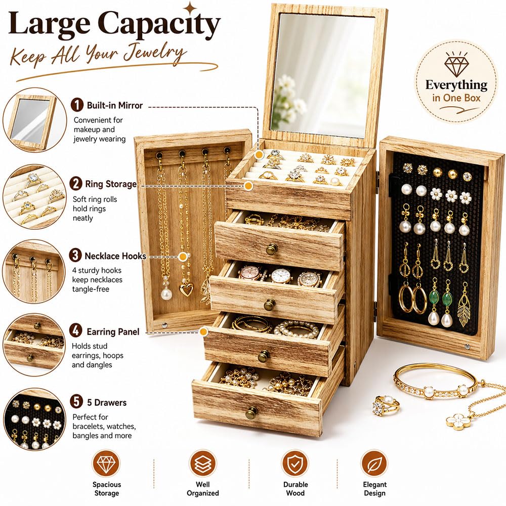 5 Niveles Joyero Madera Grande de con 4 Cajones, Espejo | para Pendientes Pulseras Anillos Collares,Organizador Joyas Rústica con 4Cajones,Organizador Caja Grande,Joyeros Organizador