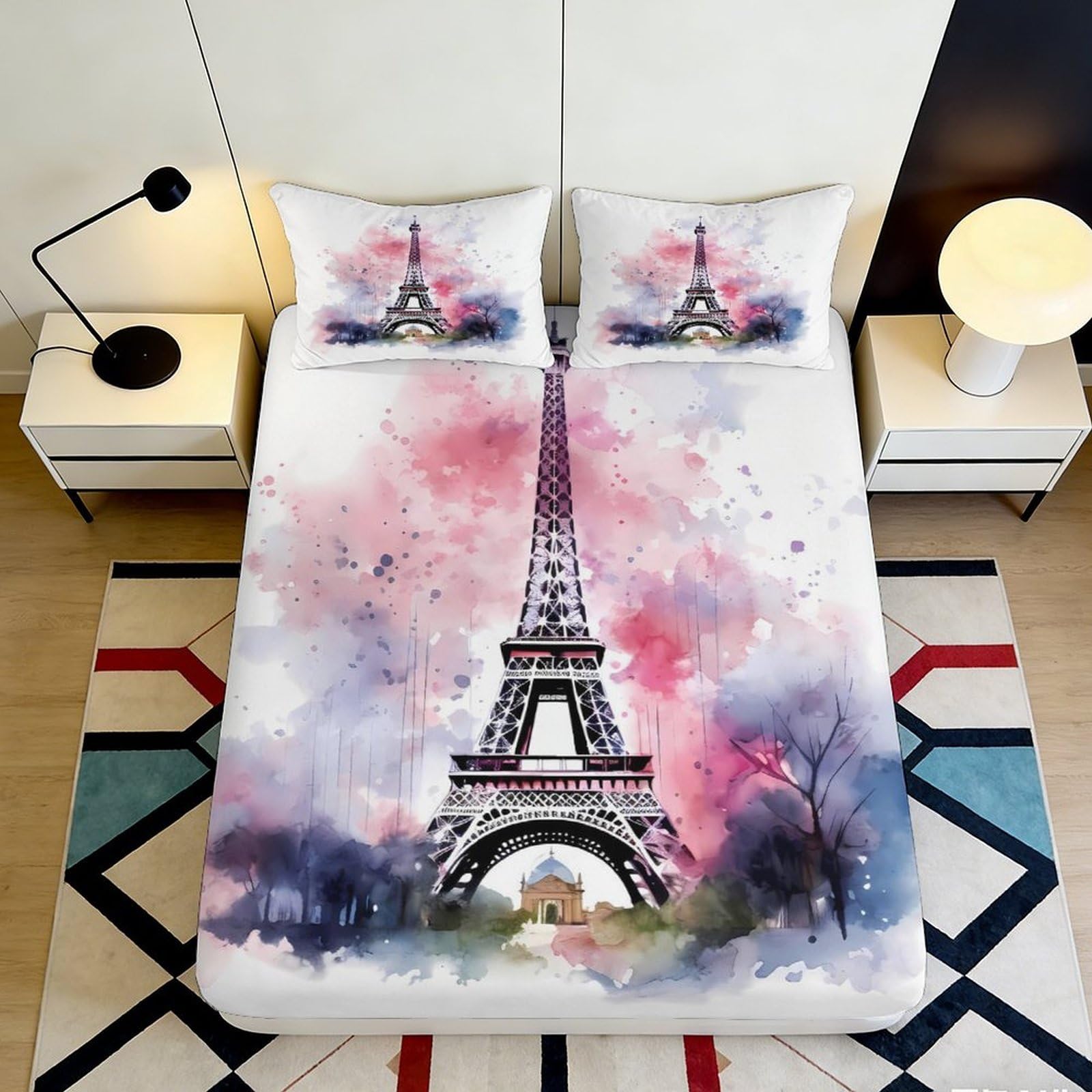 Pnayamiorkfel Style-10 3D Printed Eiffel Tower Paris Fitted Sheet Microfiber Pink Watercolor Bed Cover For Bedroom Guest Room Decor 90X200x25cm