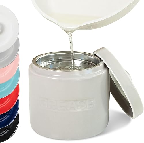 Recipiente de aceite de tocino con filtro de acero inoxidable, boquilla de cerámica, porcelana, filtro separador de grasa, 6 tazas de capacidad, 5