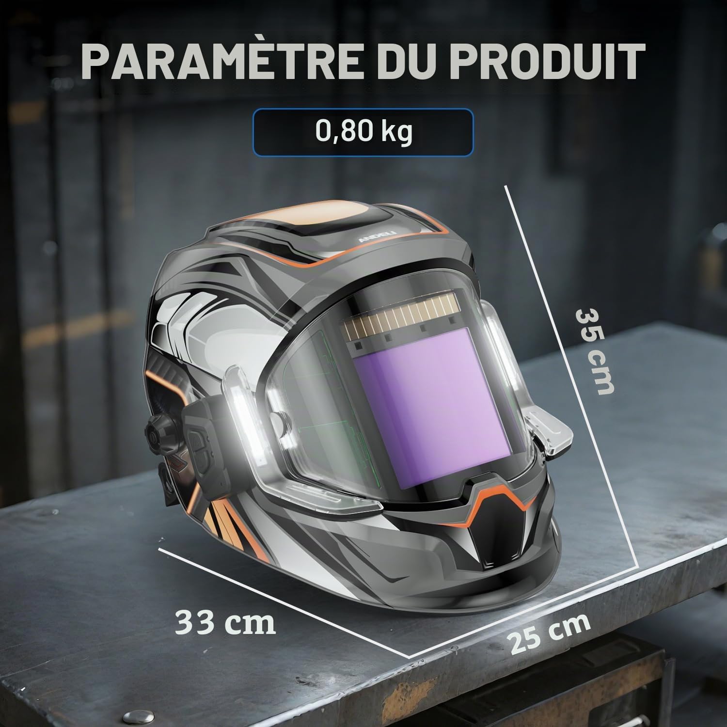 ANDELI Casque de soudage – 180 ° panoramique à 6 capteurs d'arc, True Color, obscurcissement automatique avec lumière et détection de mouvement, batterie rechargeable 2100 mAh pour TIG/MIG/Cut/Grind