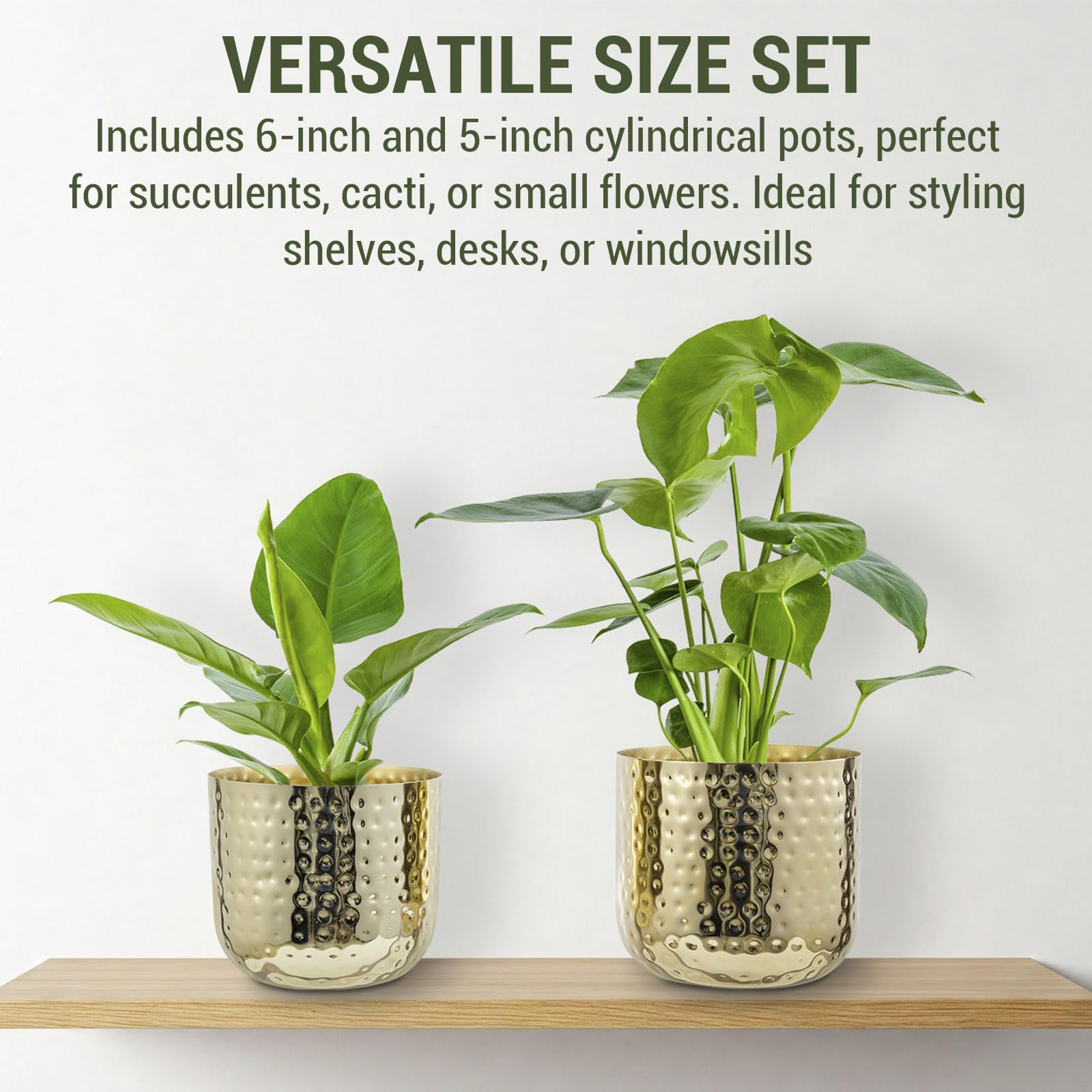 MyGift Modern Hammered Brass Plated Metal Plant Pots for