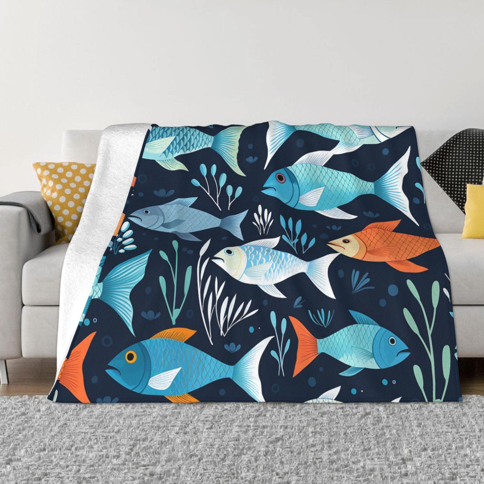 KLOPH Fishes Pattern Throw Blanket 50"x40" Flannel Fluffy Warm Blanket for Couch, Reversible Plush Blankets for Bed, Comfy Fuzzy Blanket for Sofa, Plush Lightweight-Blankets for All Season