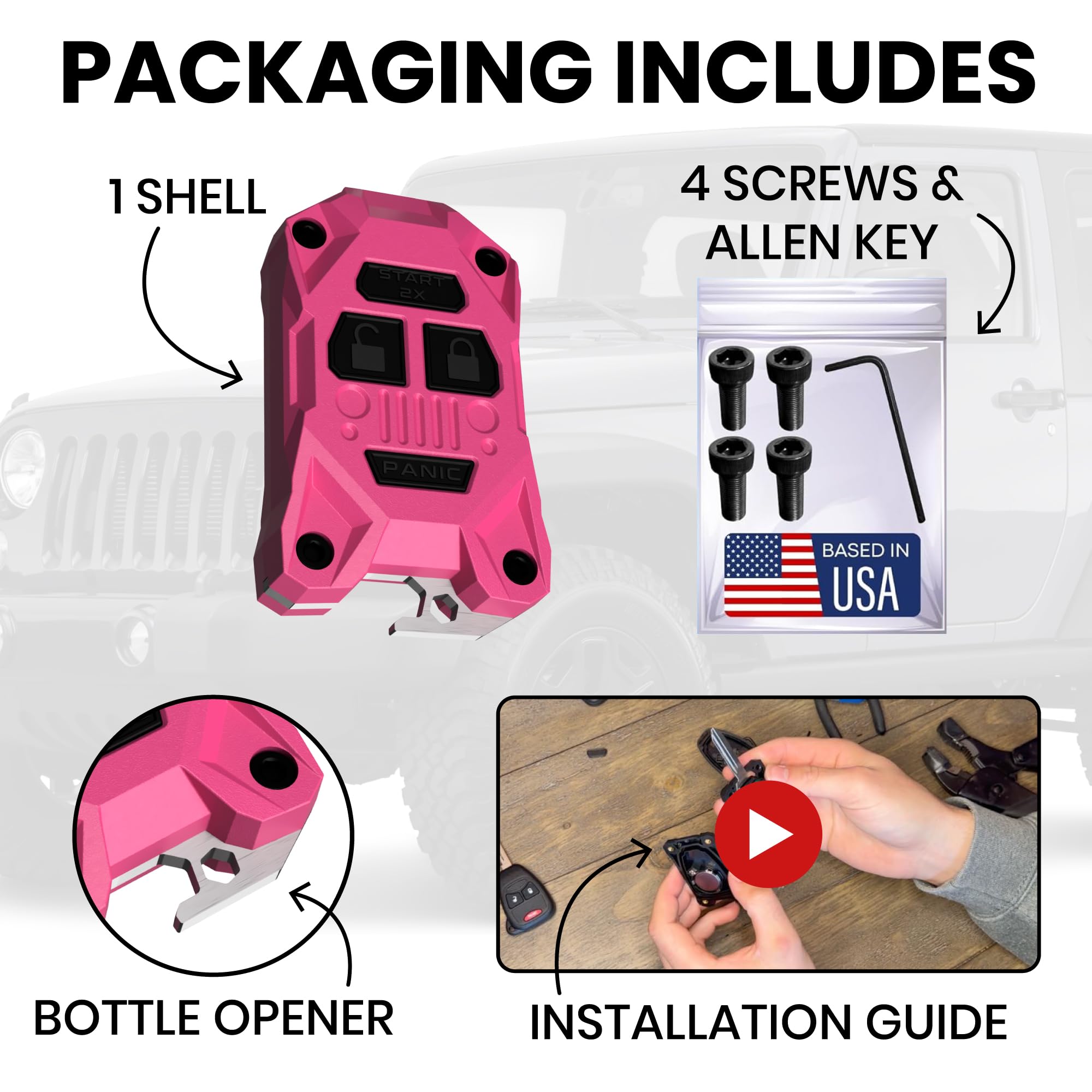 Wrangler Funda De Llavero Compatible Con Jeep Patriot, Compass (2007-2018) Y Chrysler – Carcasa De Repuesto Con Abrebotellas De Acero – Tornillos Rosas (Electrónica No Incluida)