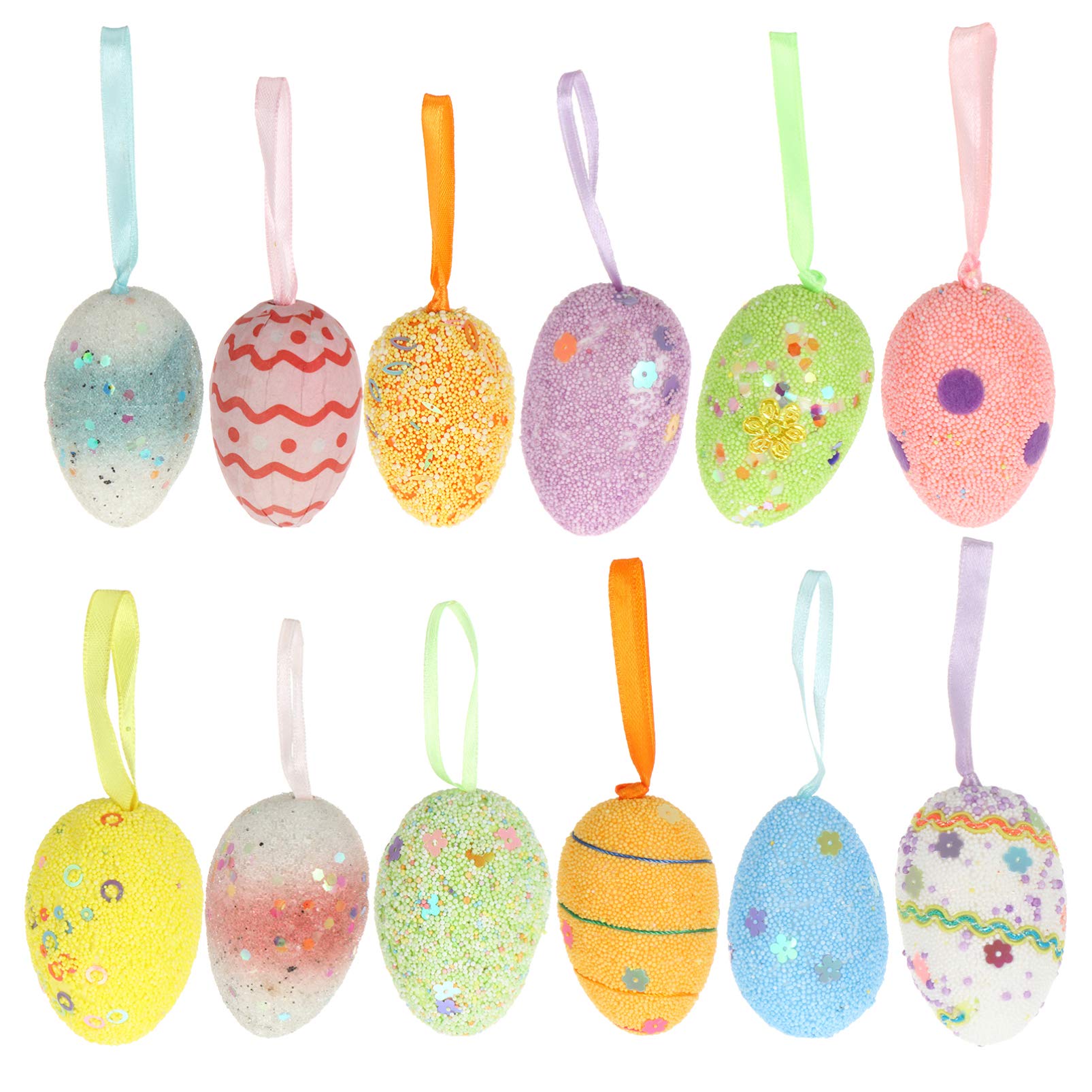 TOYANDONA 12pcs Glitter Easter Egg Ornaments Coloful Foam Eggs Tree Hanging Ornaments For Easter Party Decorations (Random Color)