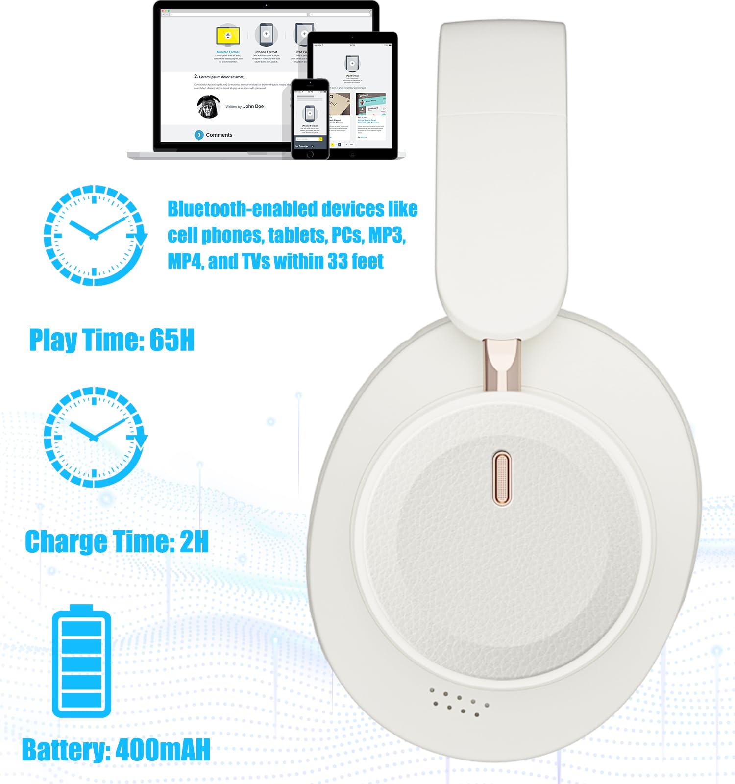 ESoundvol Bluetooth Headphones Over Ear, 65H Playtime HiFi Stereo Over Ear Headphones Wireless with Deep Bass & Soft Earmuffs - Image 4