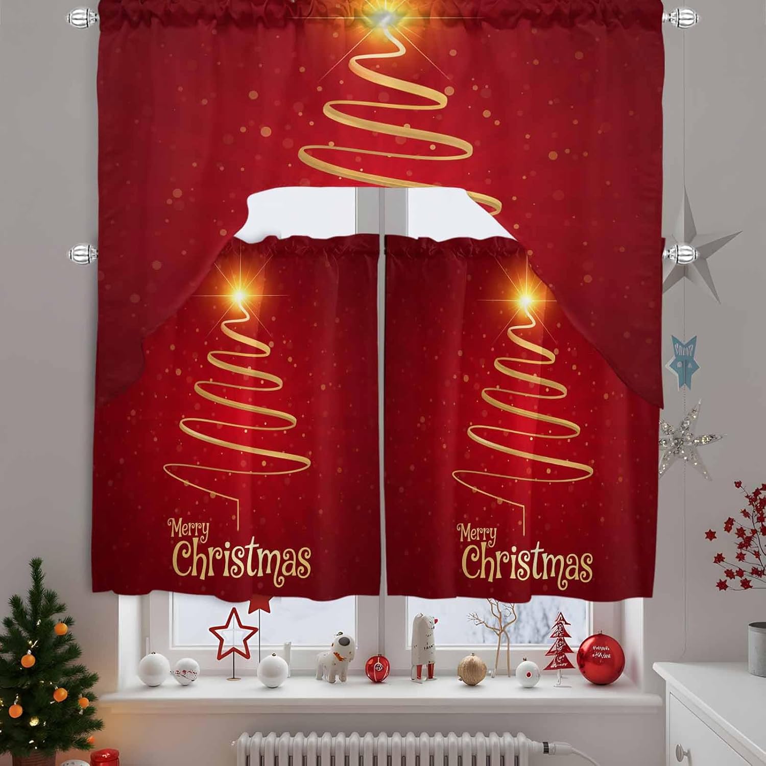Merry Christmas Swag Kitchen Curtain Sets with Valance, 3 Pieces Decorative Sparkles Holiday New Year Curtain Drapes Rod Pocket for Bedroom Living Room Bathroom Cafe Windows, 56''x36'' & 36''x27.5''x2