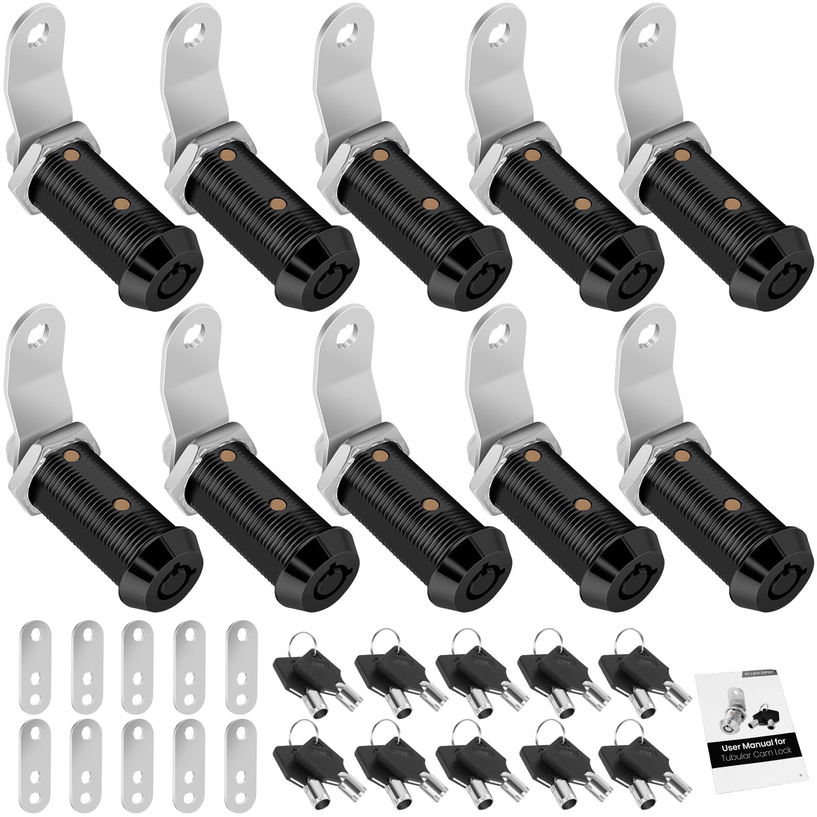 Cylinnda 10Pack Black Cabinet Lock with Keys, 1-1/2" RV Storage Locks Keyed Alike, RV Locks for Storage Door, Camper Toolbox RV Cam Locks with Manual (Black -10 Pack, 1-1/2 Inch)