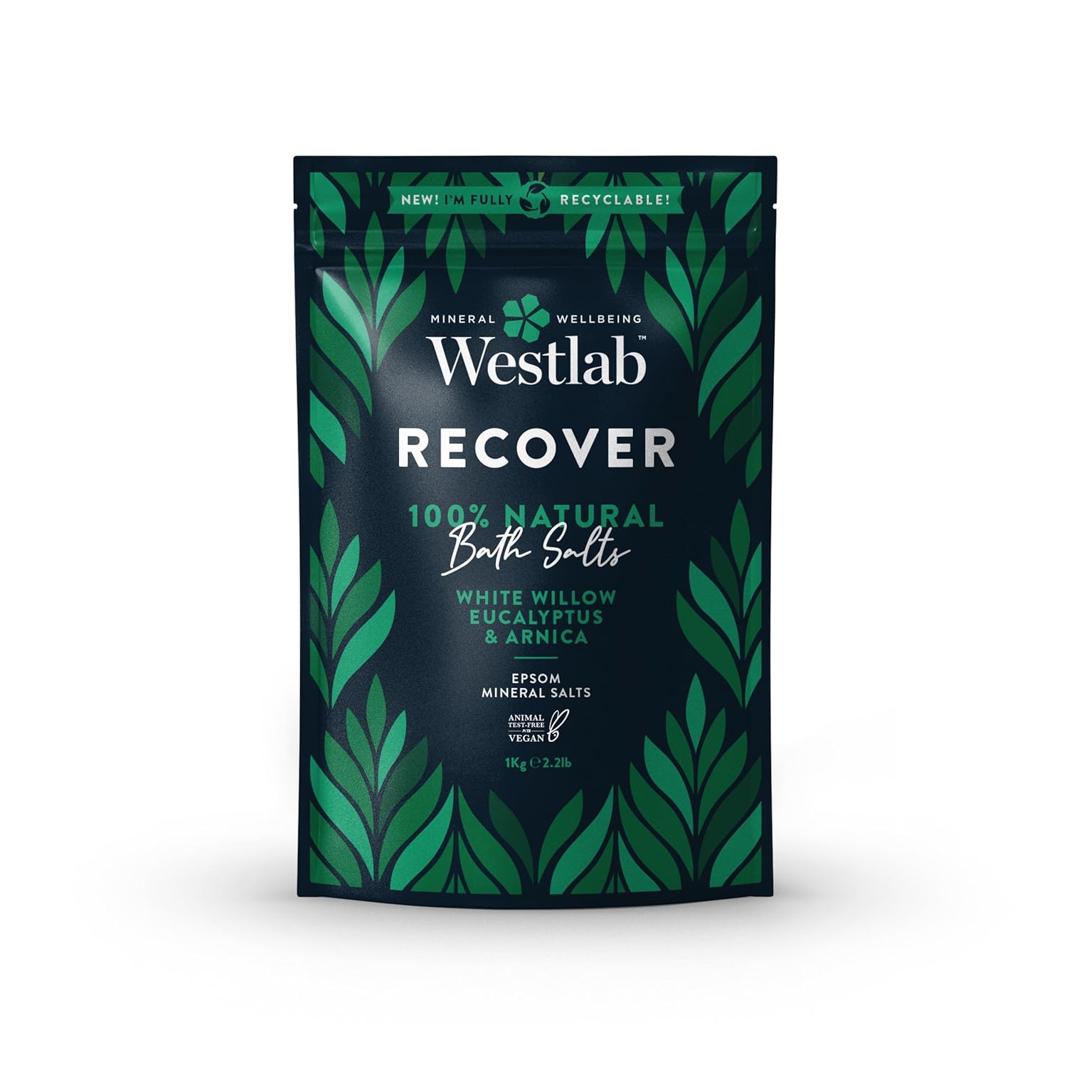 Westlab - 1kg - Recover Epsom Salts Infused with White Willow & Eucalyptus - Soothe Sore Muscles and Boost Recovery - Resealable Pouch - Image 1 of 6