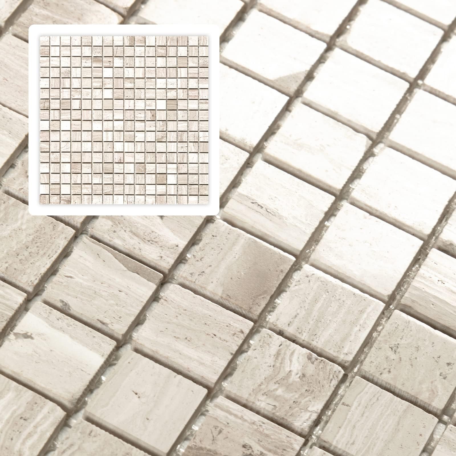 Midcard 6 Sheets White Wood Grain Marble Square Mosaic backsplash Tiles, Polished Shower Room Floor and Wall Tiles