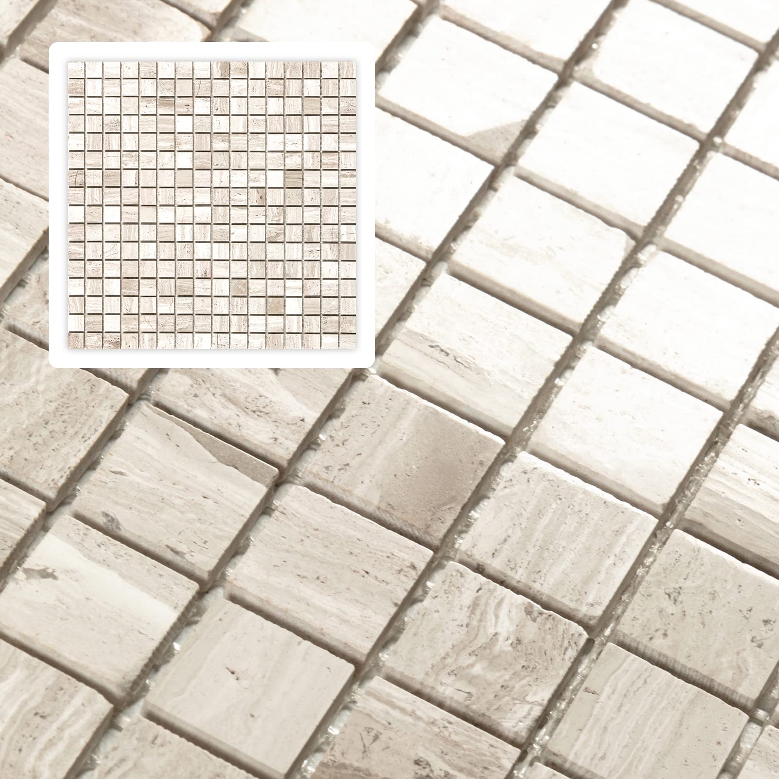 6 Sheets White Wood Grain Marble Square Mosaic backsplash Tiles, Polished Shower Room Floor and Wall Tiles