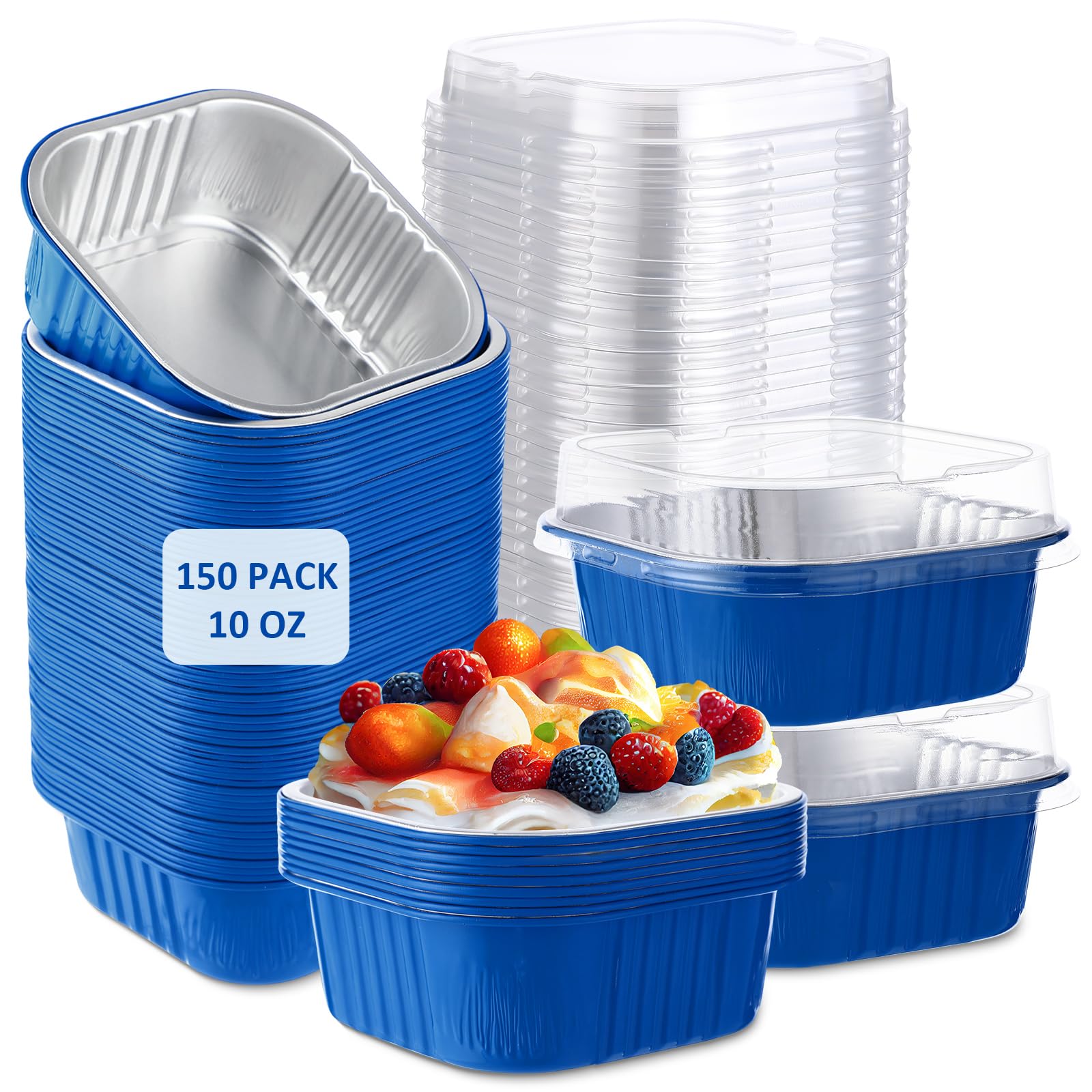 Aoriher 150 Pieces 10 oz Mini Cake Pans with Lids Aluminum Foil Baking Cups Square Disposable 4" x 4" Large Cupcake Cups Baking Tins for Kitchen