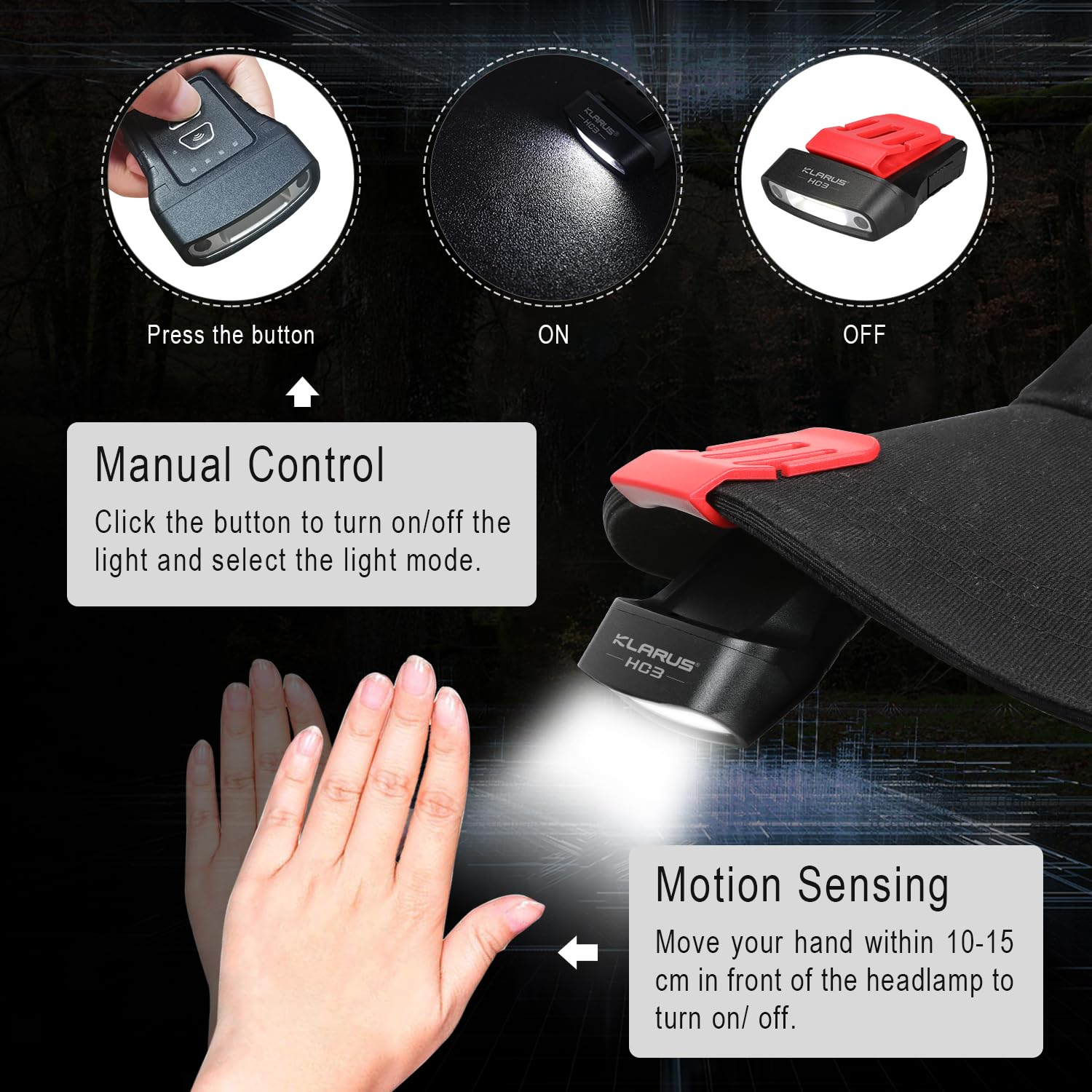 KLARUS HC3 LED Clip On Cap lekka latarka czołowa, USB C,białe i czerwone światło ze sterowaniem czujnikiem, 5 trybów ściemniania, na polowanie, kemping, wędkowanie