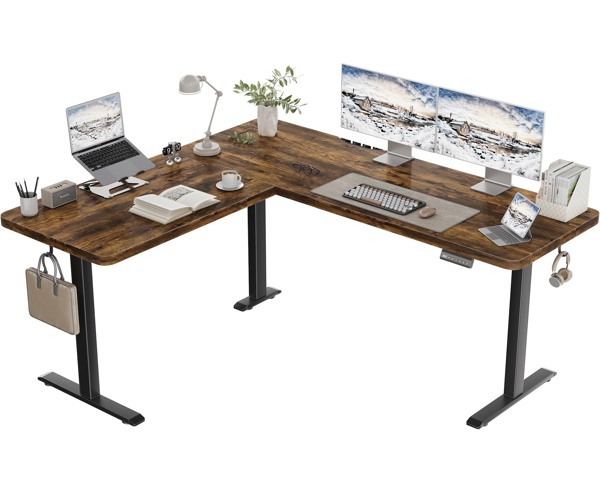 Bureau Debout Électrique Forme L 160x140cm - Hauteur Réglable, Ports USB, Gestion Câbles - Marron Recyclé