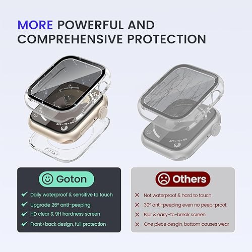 Miniatura 5 de Goton Funda impermeable de privacidad 2 en 1 para Apple Watch Series 9, 8, 7, protector de pantalla de 1.772 in, cubierta frontal de vidrio templado