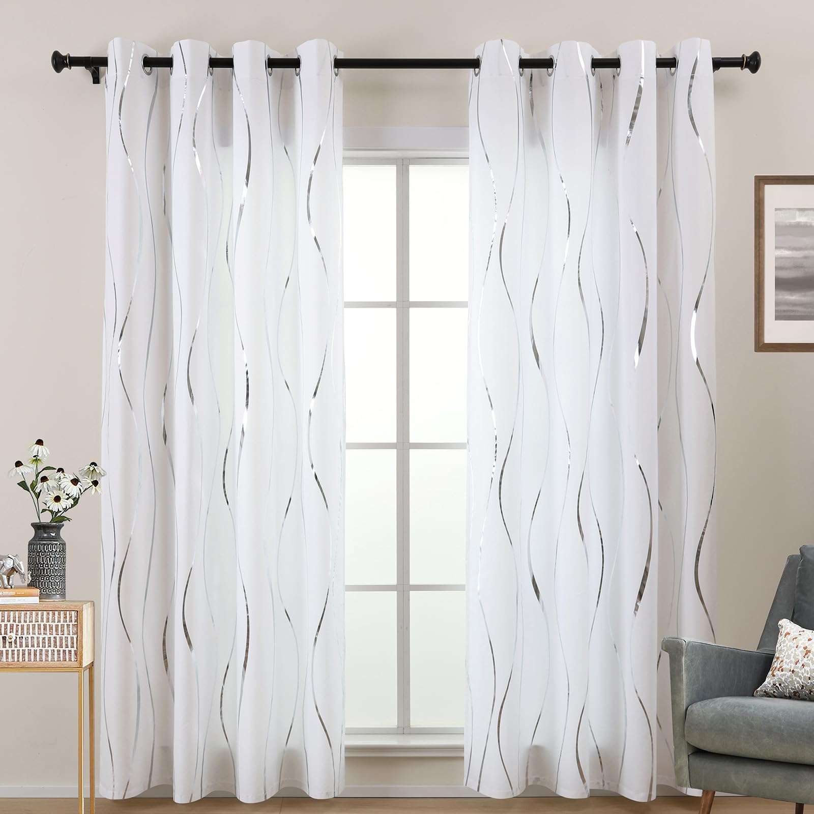 L.Z.E Vorhänge Kurz, Silber Weiß Fenster Gardine Sichtschutz für Schalfzimmer Wohnzimmer Fenster, 2er Set Ösen Gardinen Lichtdurchlässig in Silber Weiss, 140 x 145 cm Lang (LZE2251E-WS145)