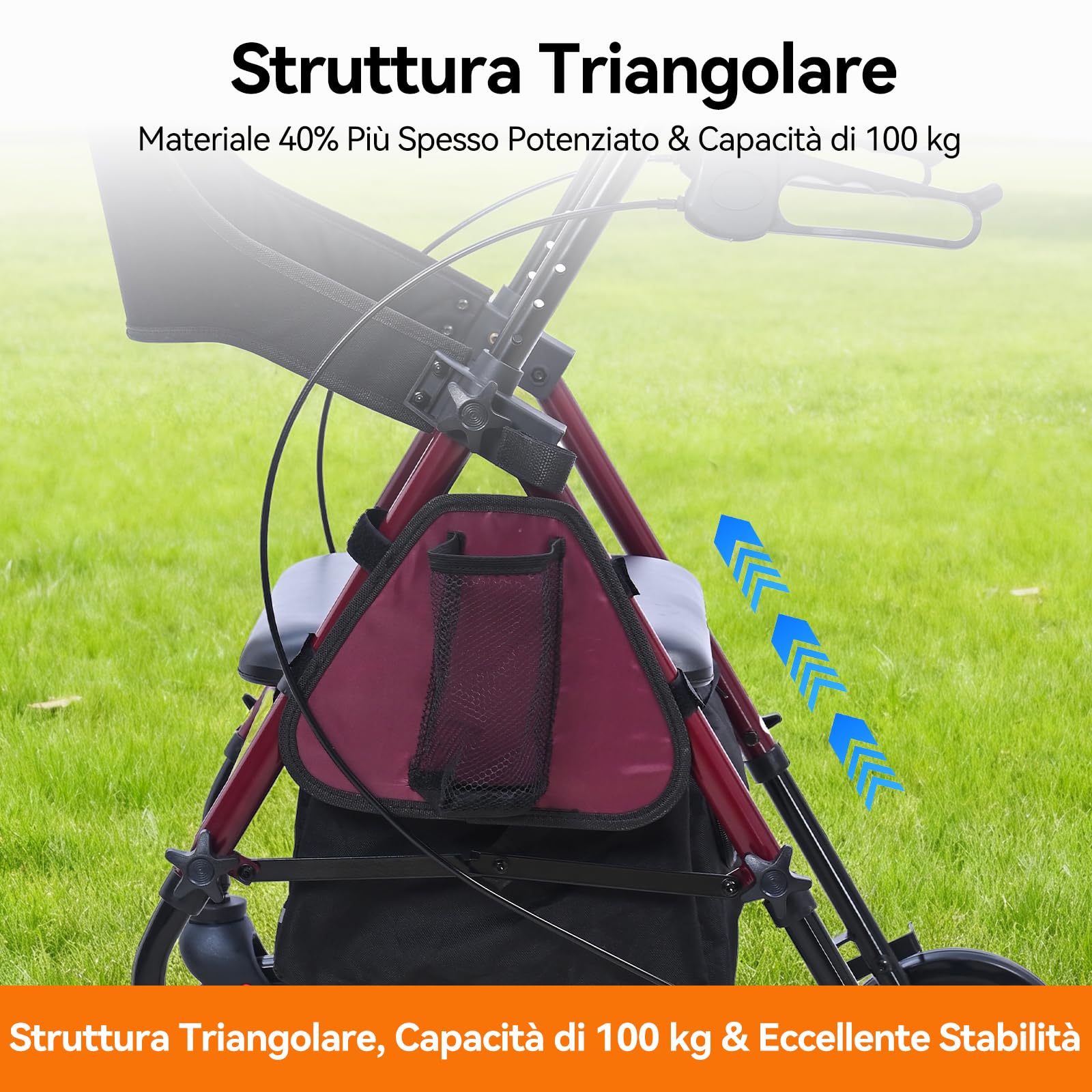 R4 deambulatore pieghevole con seduta, girello per anziani,altezza regolabile in 5 livelli su sedile e maniglie, Deambulatori a 4 ruote, Con borsa della e freni, portata max 100KG (R4-2)